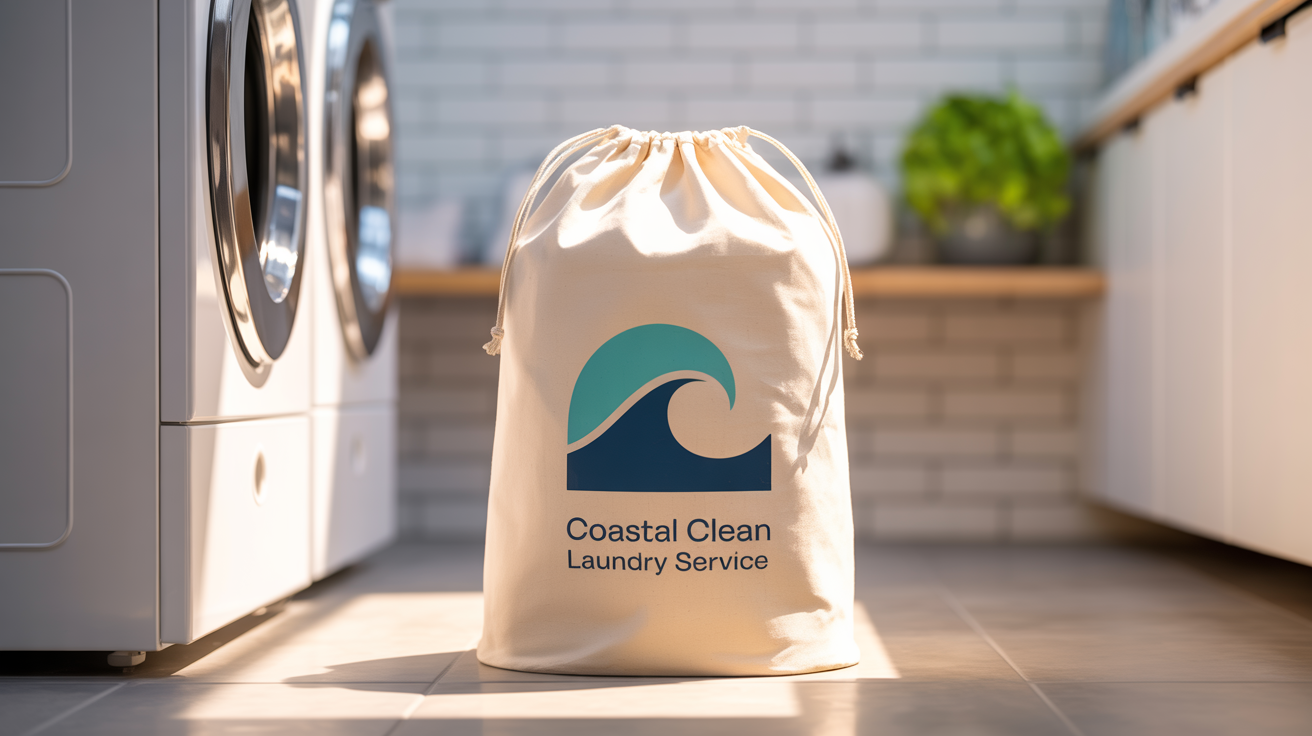 A professional mockup of a stylish canvas laundry bag with a 'Coastal Clean Laundry Service' design, photographed in a bright, modern setting.