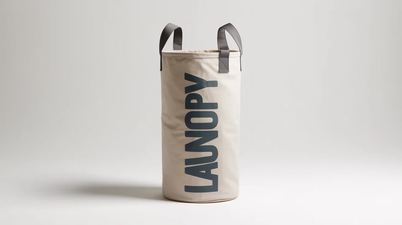 A modern beige canvas laundry bag with 'LAUNDRY' printed in dark charcoal font, standing upright against a plain white background.