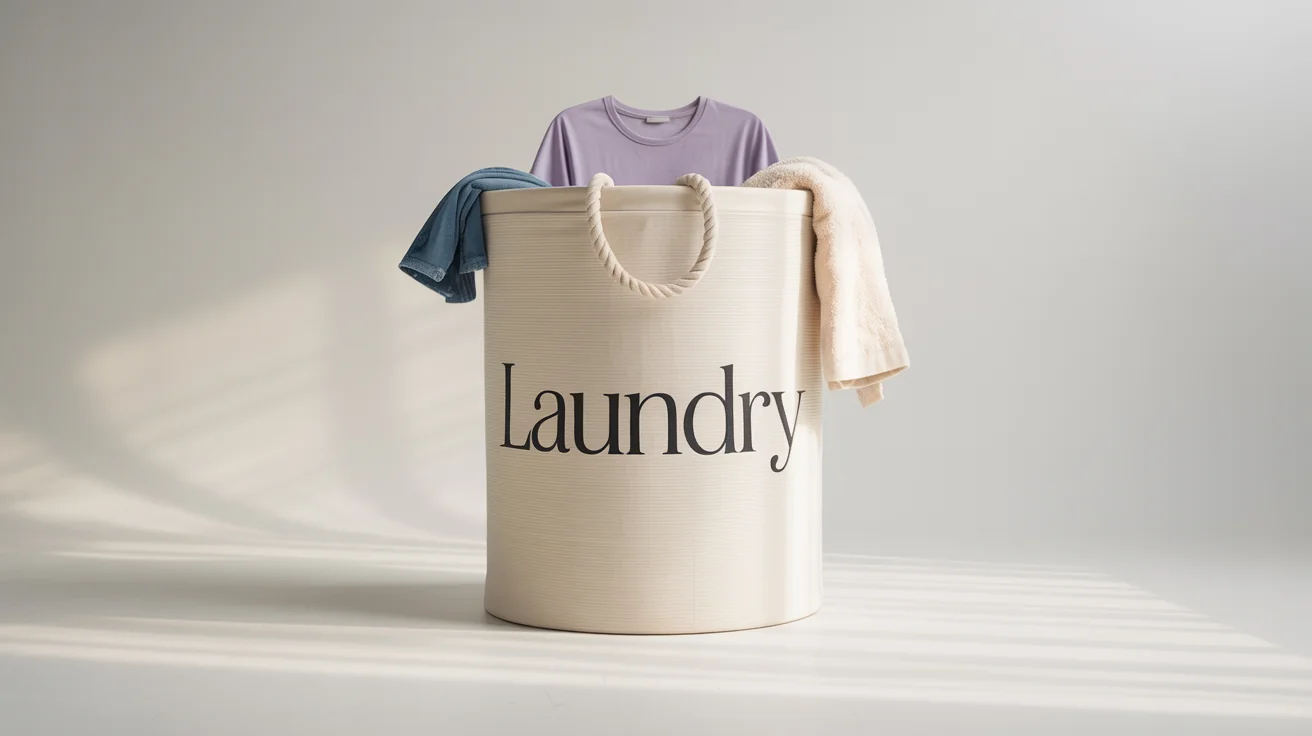A photorealistic mockup of a large, off-white canvas laundry bag with the word 'LAUNDRY' printed on the front, filled with clean, folded clothes, set against a white background.