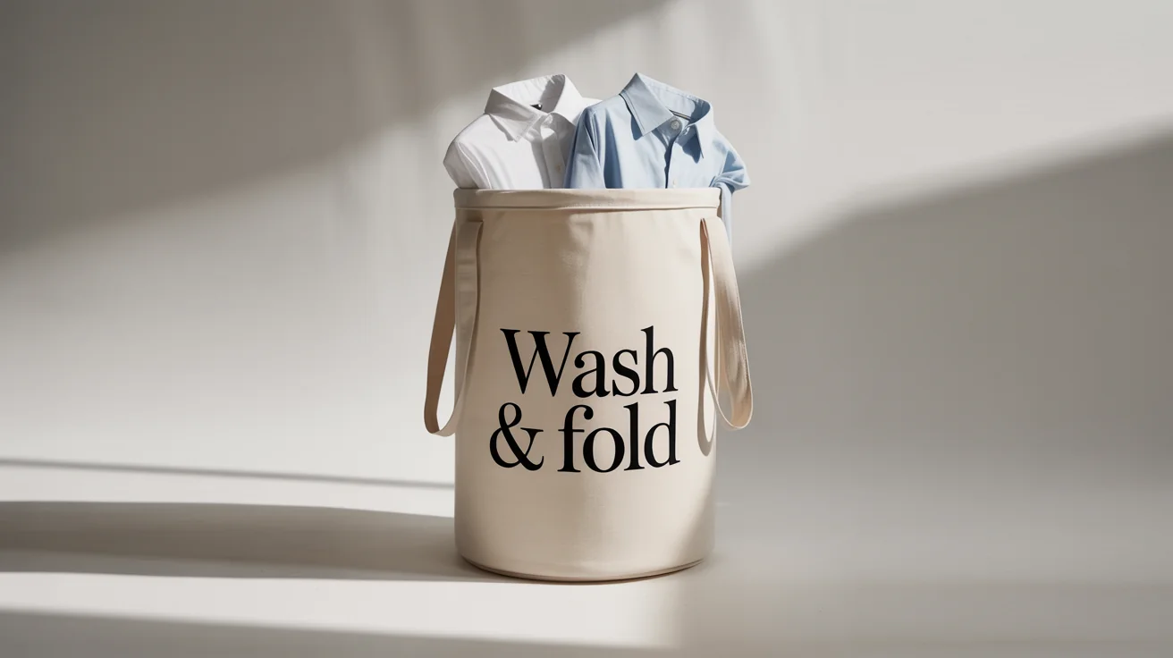 A stylish beige canvas laundry bag with the words 'Wash & Fold' printed on the front, standing against a clean white background with folded clothes visible inside.