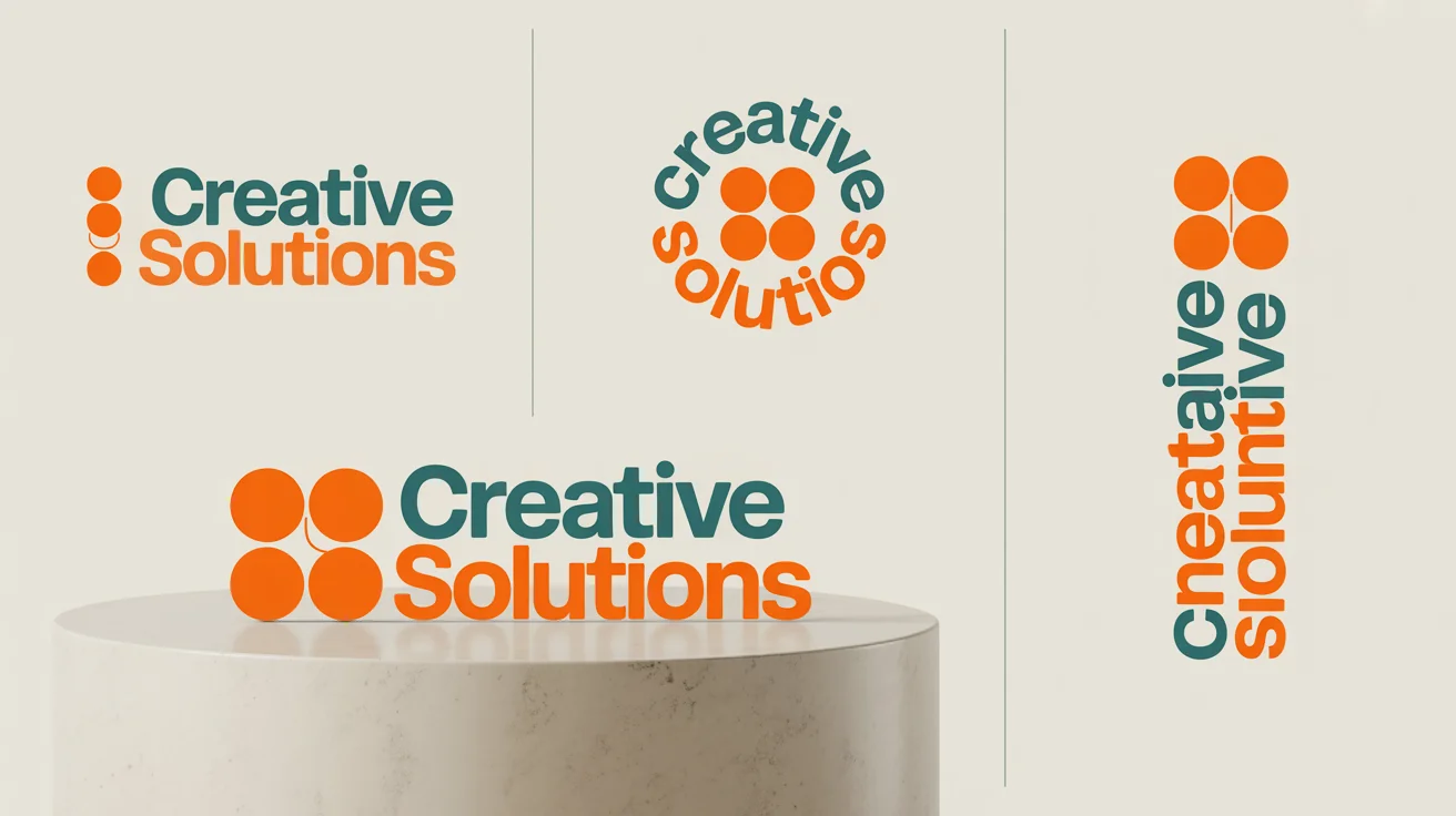 A branding showcase demonstrating different text placements for a logo. The text 'Creative Solutions' is shown arched over, in a circle around, and stacked vertically next to an abstract teal and orange logo mark.