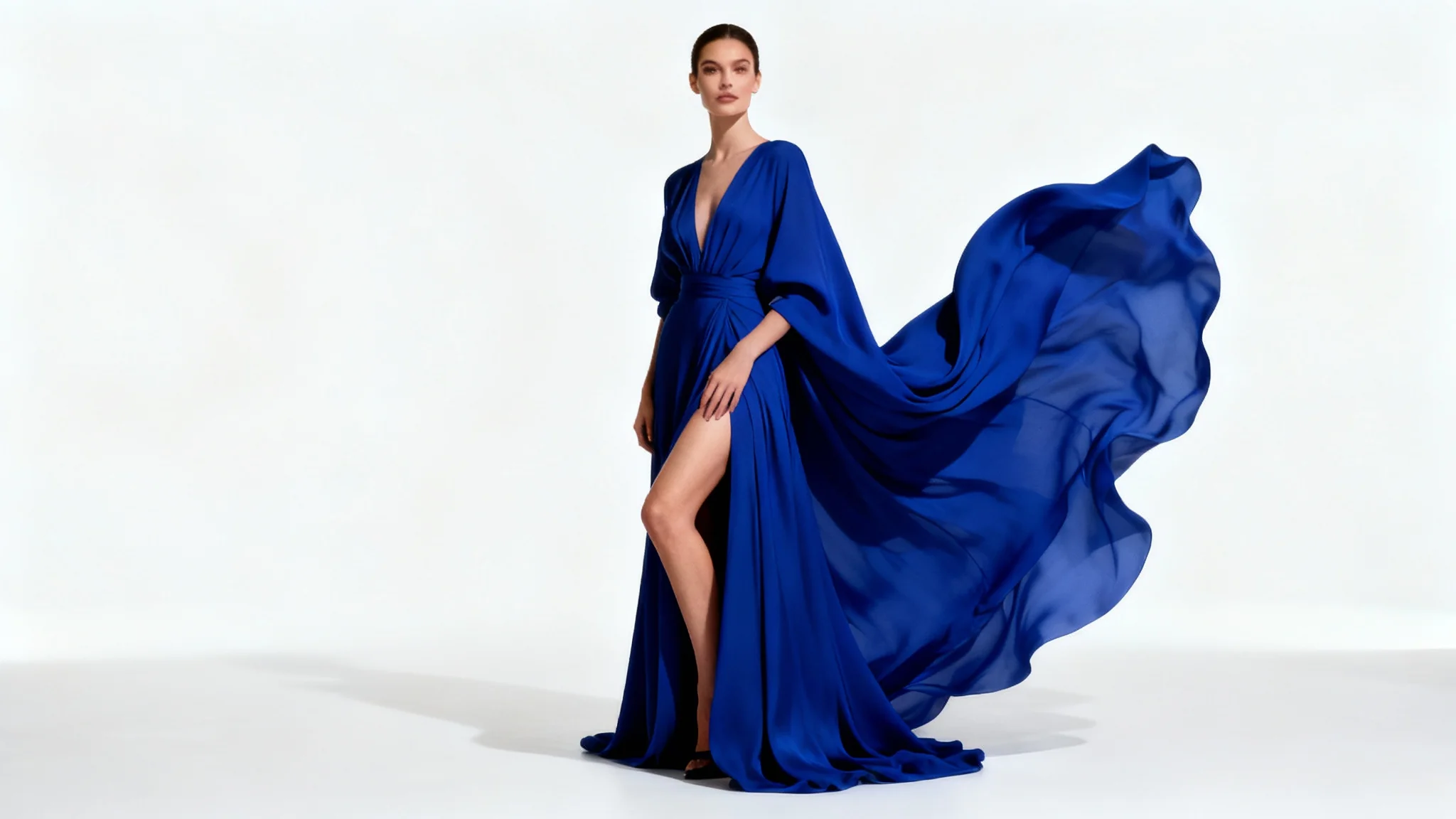 A professional fashion photograph of a model wearing a flowing, cobalt blue avant-garde gown, posing confidently against a clean white studio background.
