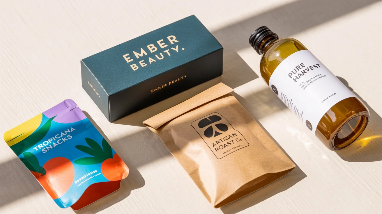 An eye-catching arrangement of professionally designed product packaging, including a beauty box, a snack pouch, a coffee bag, and a juice bottle, showcased in a minimalist studio setting.