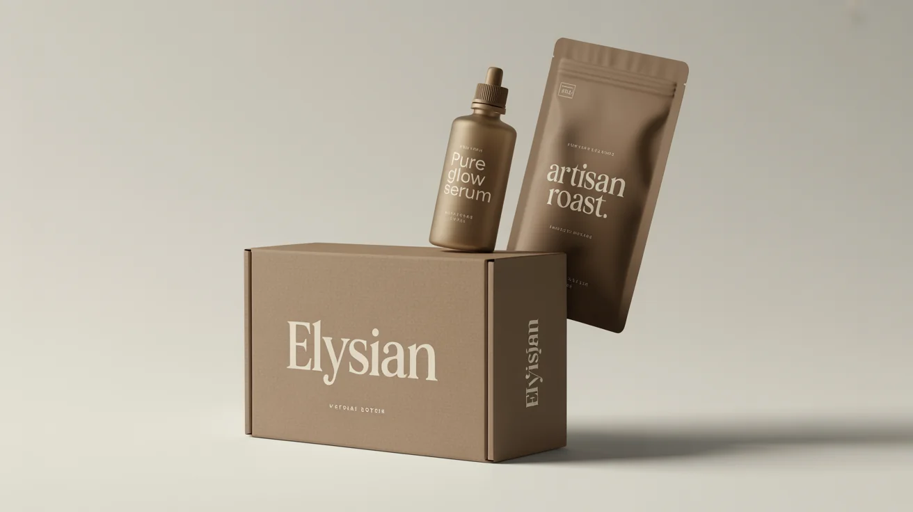 A photorealistic mockup of various product packaging designs, including a box, bottle, and pouch, all featuring a cohesive, minimalist design with the brand name 'ELYSIAN', set against a clean white background.