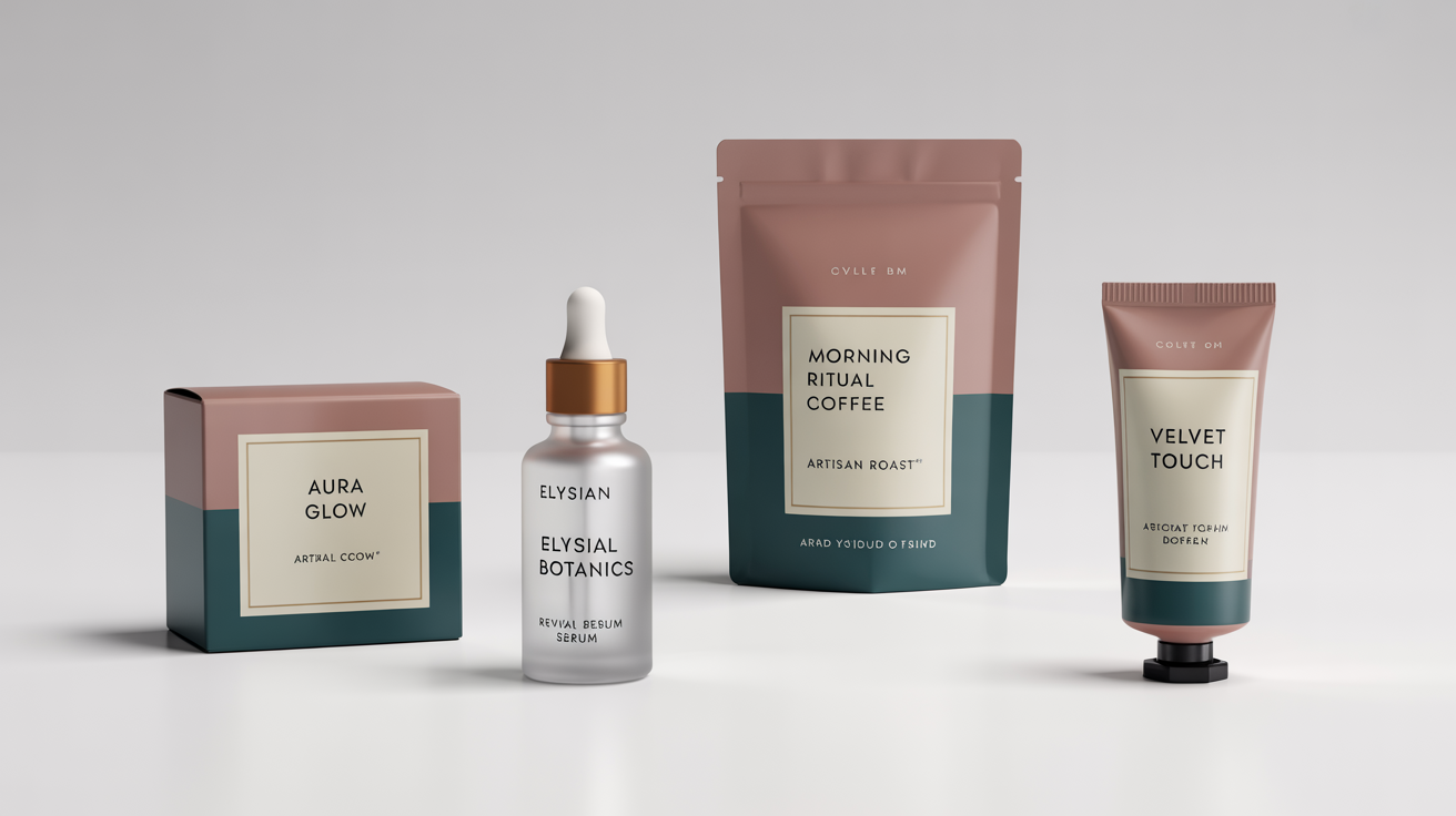A collection of professionally designed product packages, including a box, bottle, pouch, and tube with fictional brand names, arranged on a white background to showcase packaging design concepts.