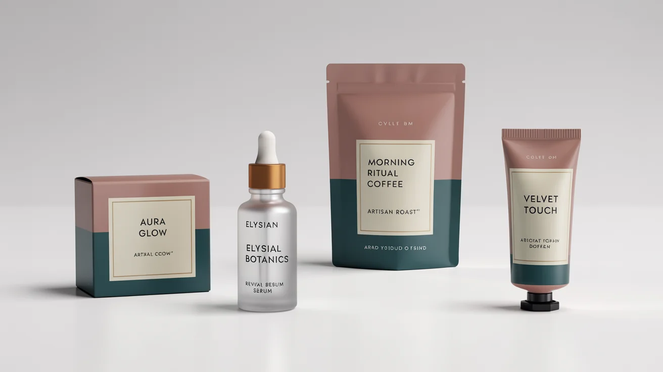 A collection of professionally designed product packages, including a box, bottle, pouch, and tube with fictional brand names, arranged on a white background to showcase packaging design concepts.
