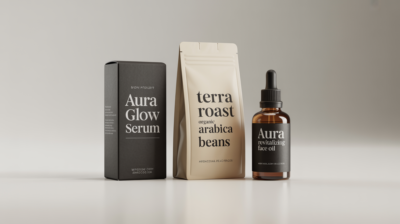 A collection of modern product packaging designs, including a luxury cosmetic box, a coffee pouch, and a glass dropper bottle, all featuring fictional brand names and displayed on a clean white background to showcase packaging design capabilities.