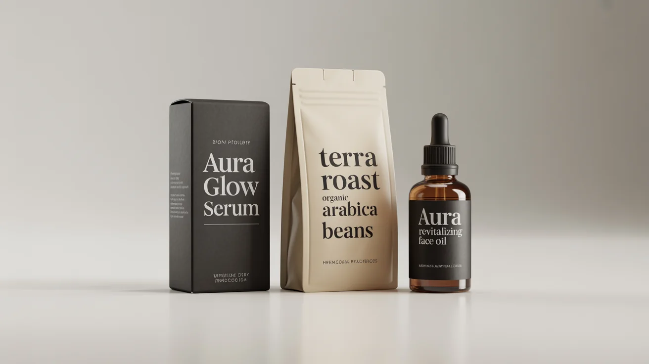 A collection of modern product packaging designs, including a luxury cosmetic box, a coffee pouch, and a glass dropper bottle, all featuring fictional brand names and displayed on a clean white background to showcase packaging design capabilities.
