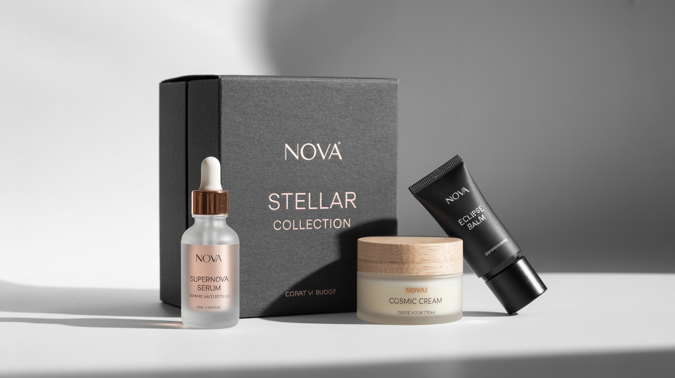 A collection of luxury cosmetic packaging for the fictional brand 'NOVA', including a box, bottle, jar, and tube, displayed on a clean white background.