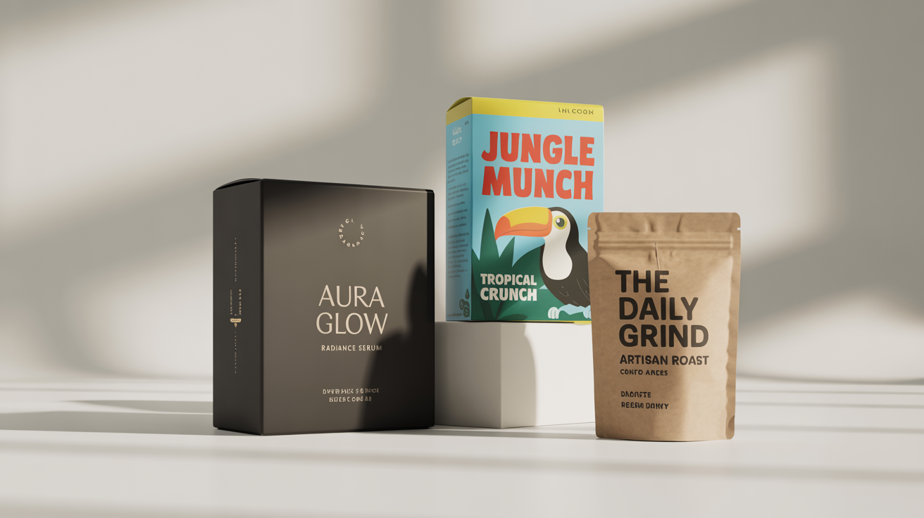 A photorealistic mockup of diverse packaging designs, including a luxury cosmetic box, a colorful cereal box, and a craft paper coffee pouch, arranged on a white background.