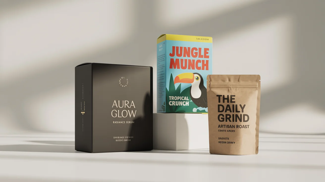 A photorealistic mockup of diverse packaging designs, including a luxury cosmetic box, a colorful cereal box, and a craft paper coffee pouch, arranged on a white background.
