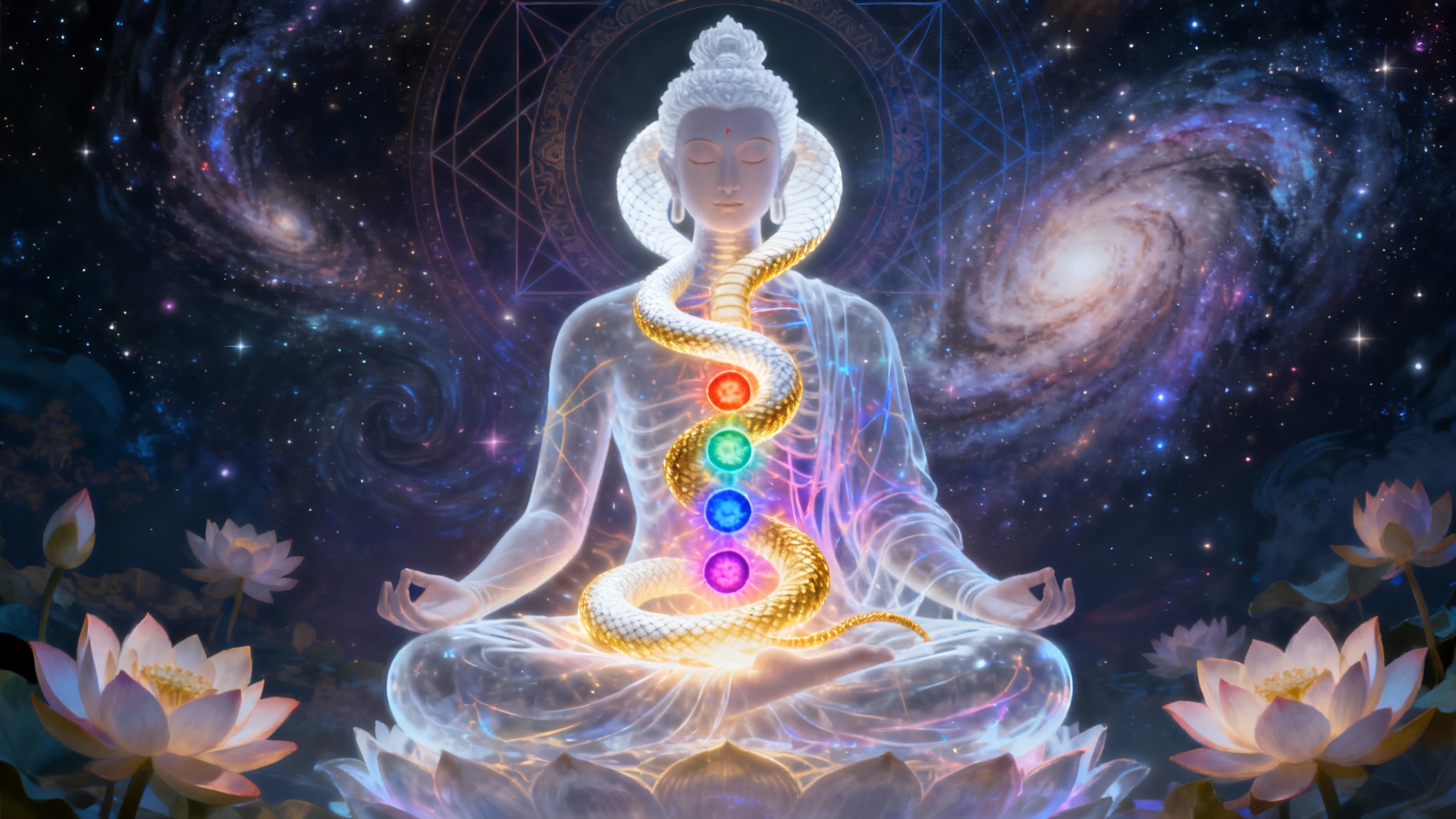 A stunning digital artwork of Kundalini awakening, showing a meditating figure with seven brightly lit chakras and a swirling serpent of light rising up their spine, set against a cosmic background of sacred geometry and lotuses.
