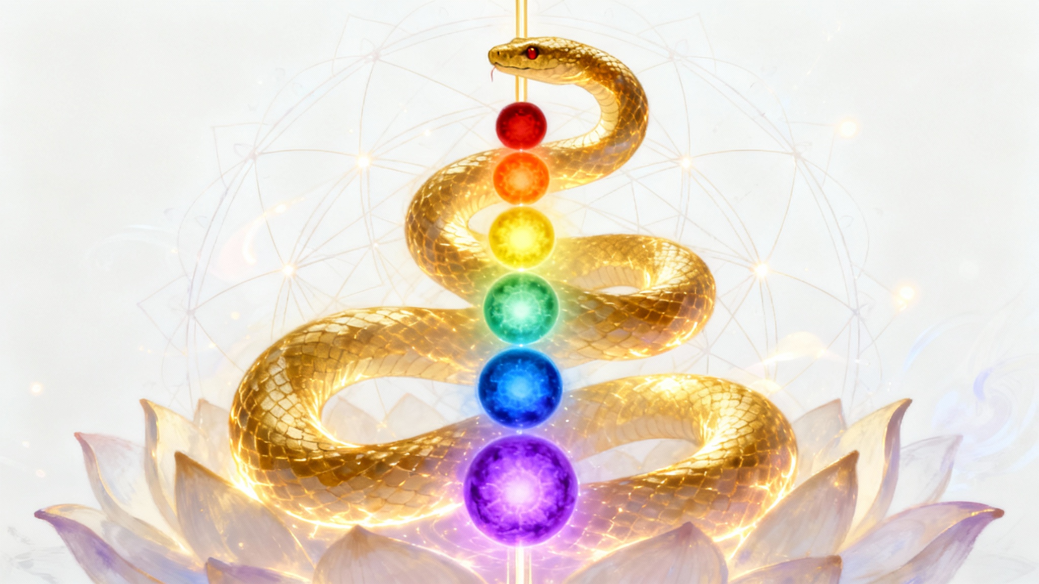 An abstract digital artwork depicting Kundalini awakening. A glowing golden serpent rises through a series of seven vibrant, rainbow-colored orbs representing the chakras, all set against a stark white background.