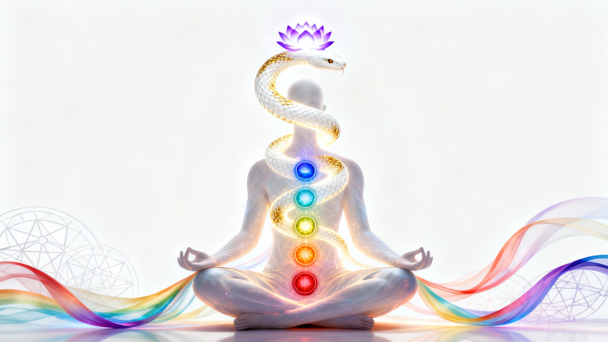 A mystical artwork depicting Kundalini awakening, with a meditating figure showing a luminous serpent rising through seven glowing chakras against a white background.