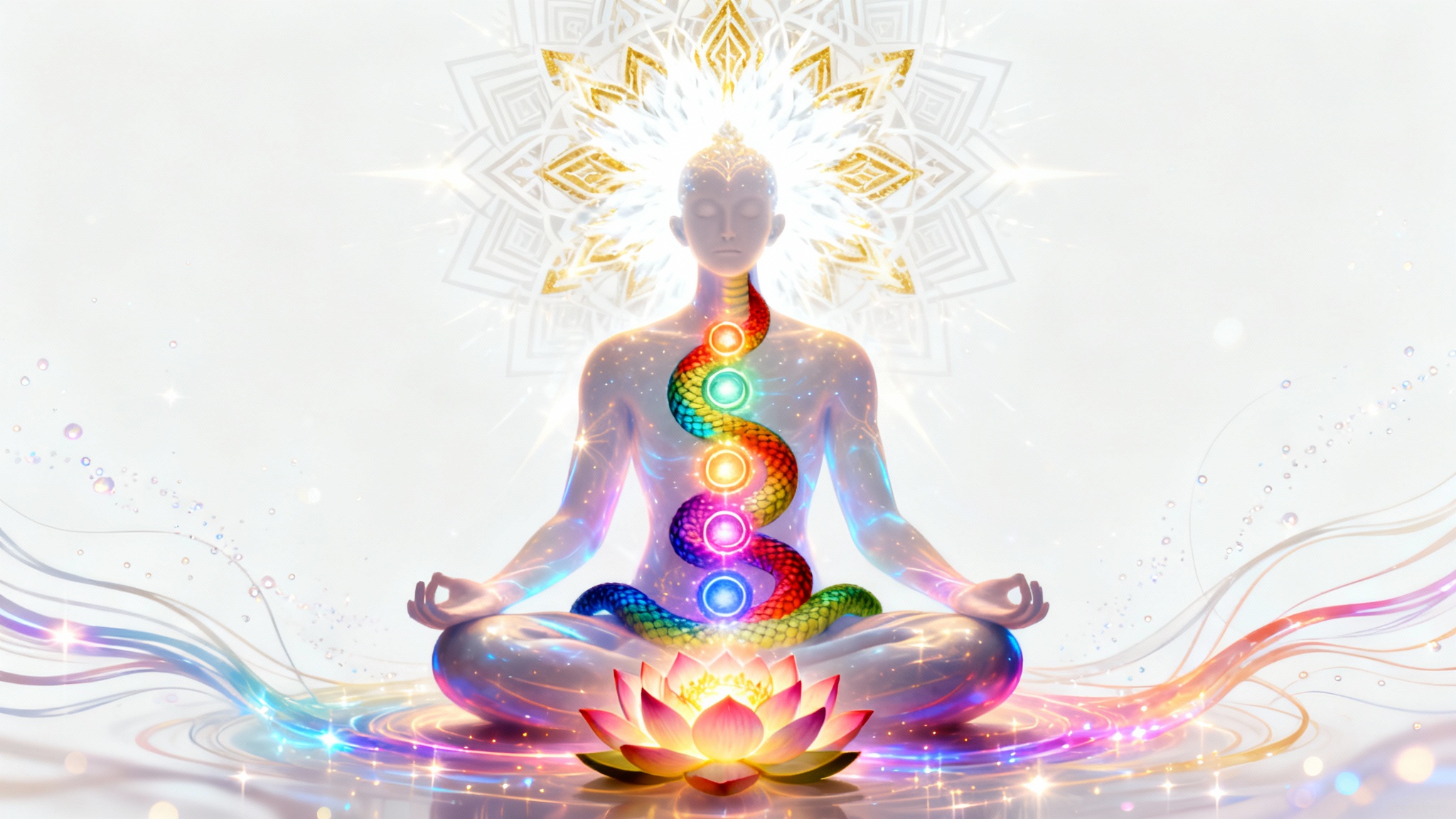 A vibrant digital artwork illustrating a Kundalini awakening. A figure in a meditation pose has a coiled serpent of light ascending their spine through the seven brightly colored chakras, culminating in a burst of white light at the crown.