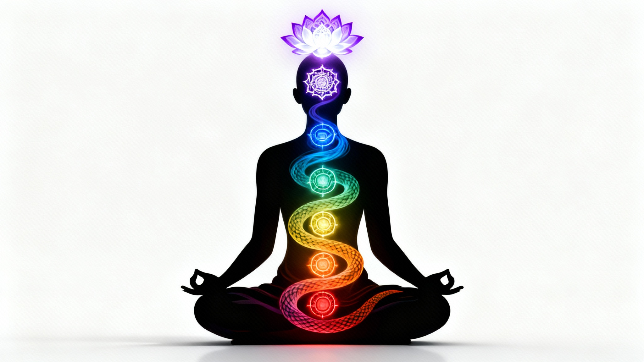 A modern spiritual artwork depicting Kundalini awakening. A meditating figure's silhouette is shown with a vibrant, rainbow-colored serpent of energy rising up their spine, passing through seven glowing chakras against a clean white background.