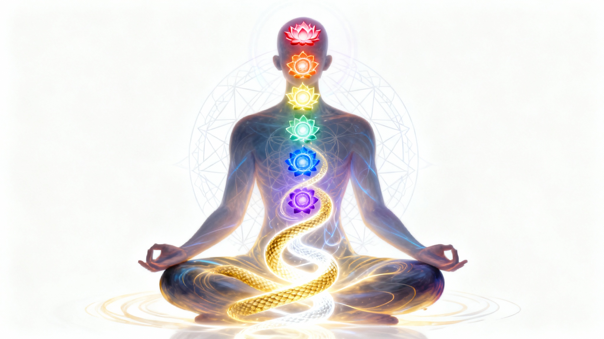 An artistic illustration of Kundalini awakening, showing a meditating figure with a vibrant, serpentine energy rising through the seven chakras, depicted as colorful lotus flowers, all set against a white background.
