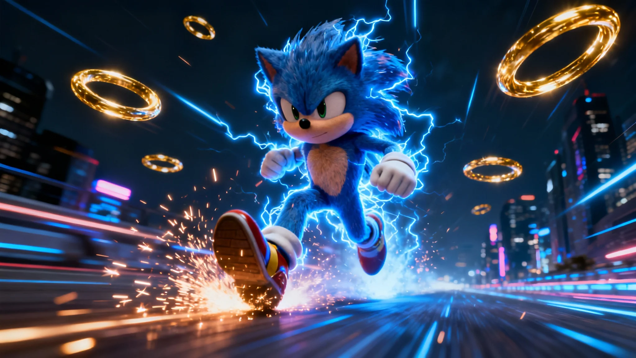 A finished 16:9 desktop wallpaper of Sonic the Hedgehog running at super speed, surrounded by glowing blue energy and golden rings in a dark futuristic city.