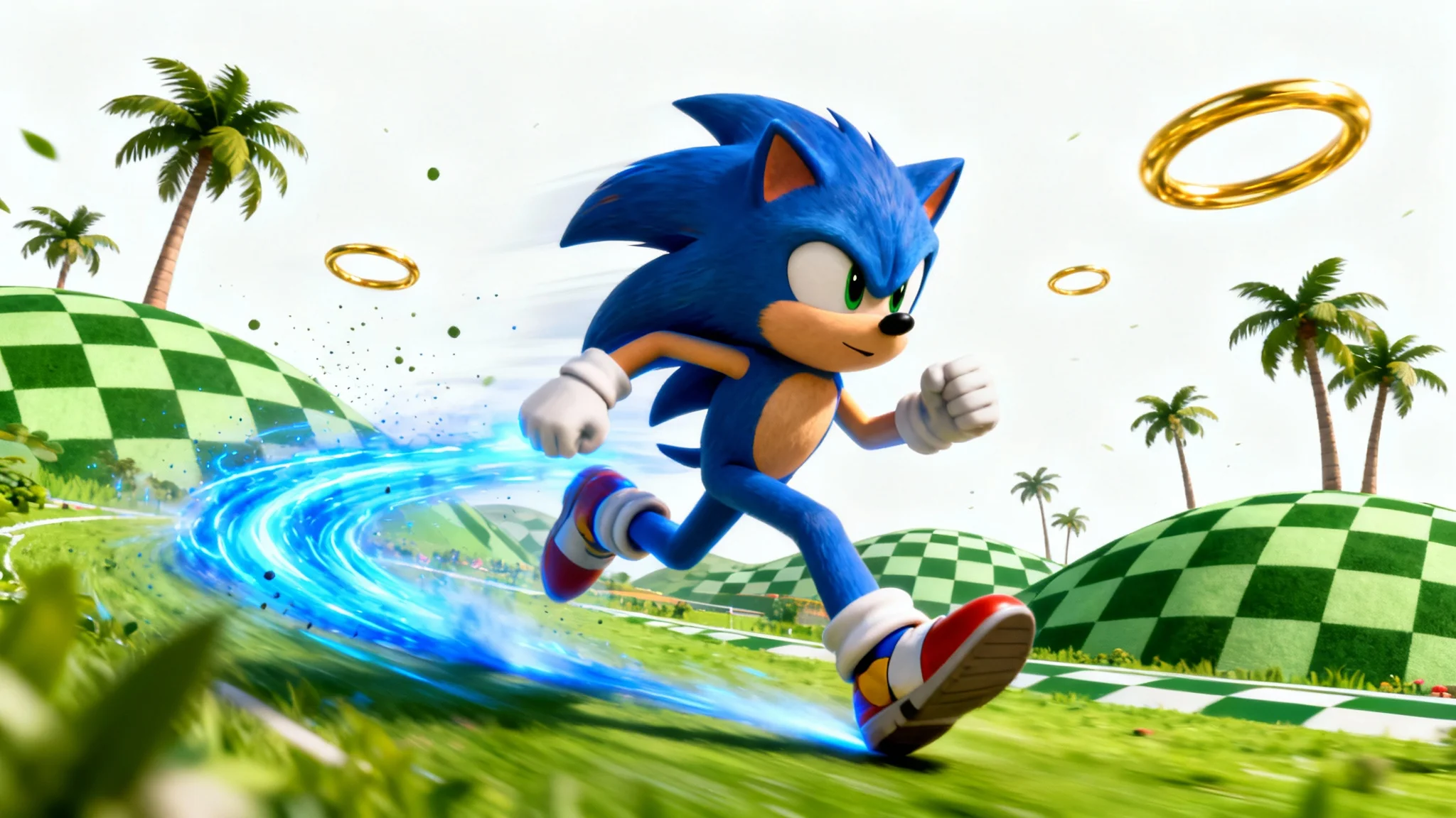 A dynamic digital art wallpaper showing Sonic the Hedgehog running at full speed through the Green Hill Zone, surrounded by golden rings and leaving a blue energy trail.