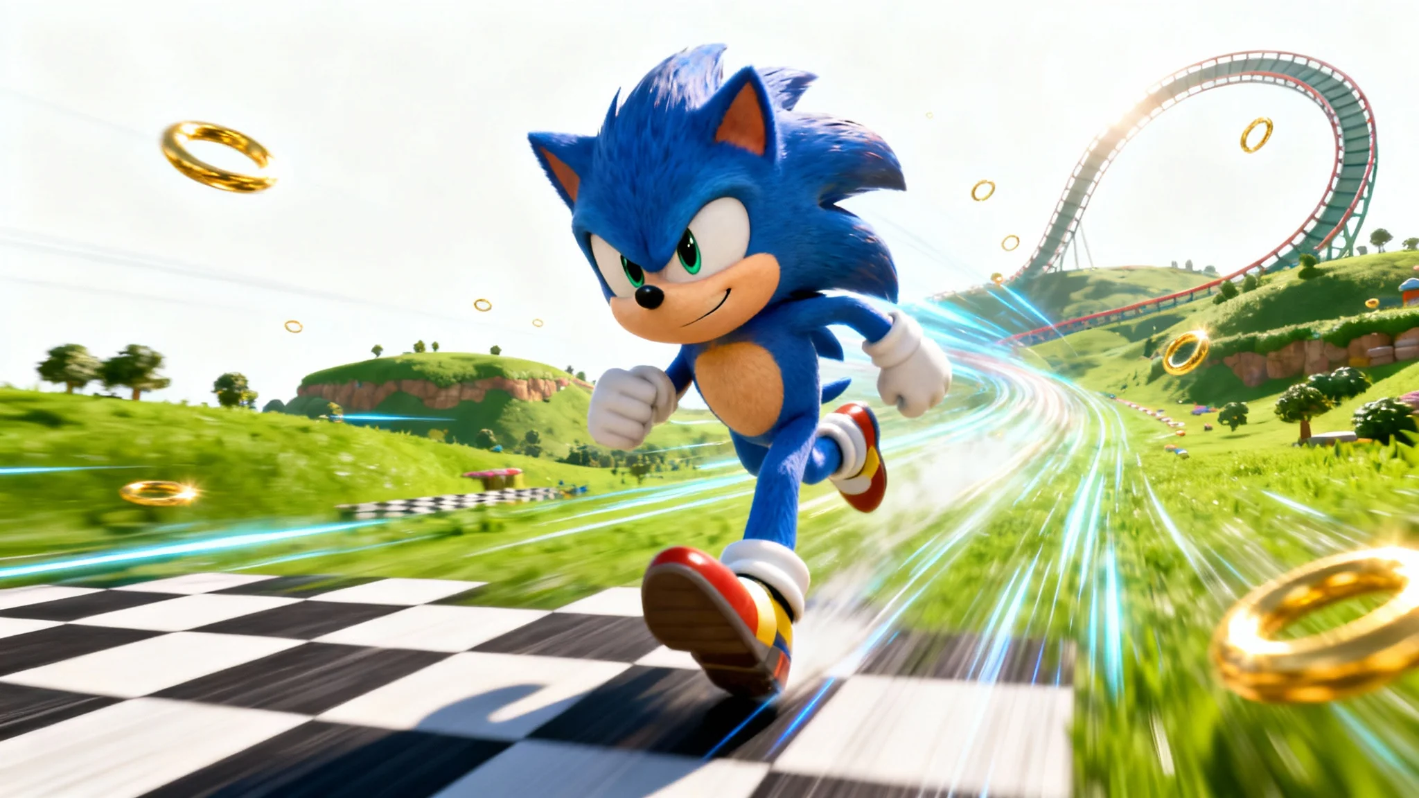 A vibrant 3D wallpaper for a phone featuring Sonic the Hedgehog running at high speed through the Green Hill Zone, isolated against a white background.