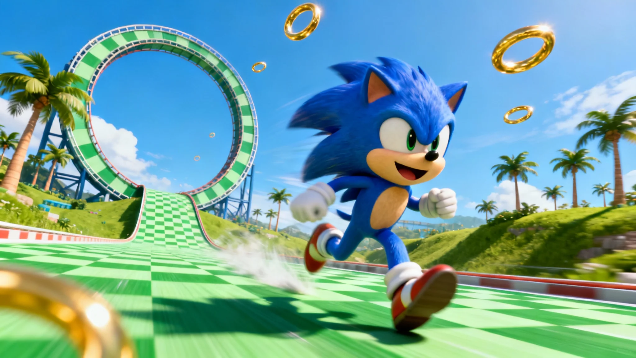 A vibrant wallpaper of Sonic the Hedgehog sprinting through the classic Green Hill Zone, with a large loop and golden rings in the background.