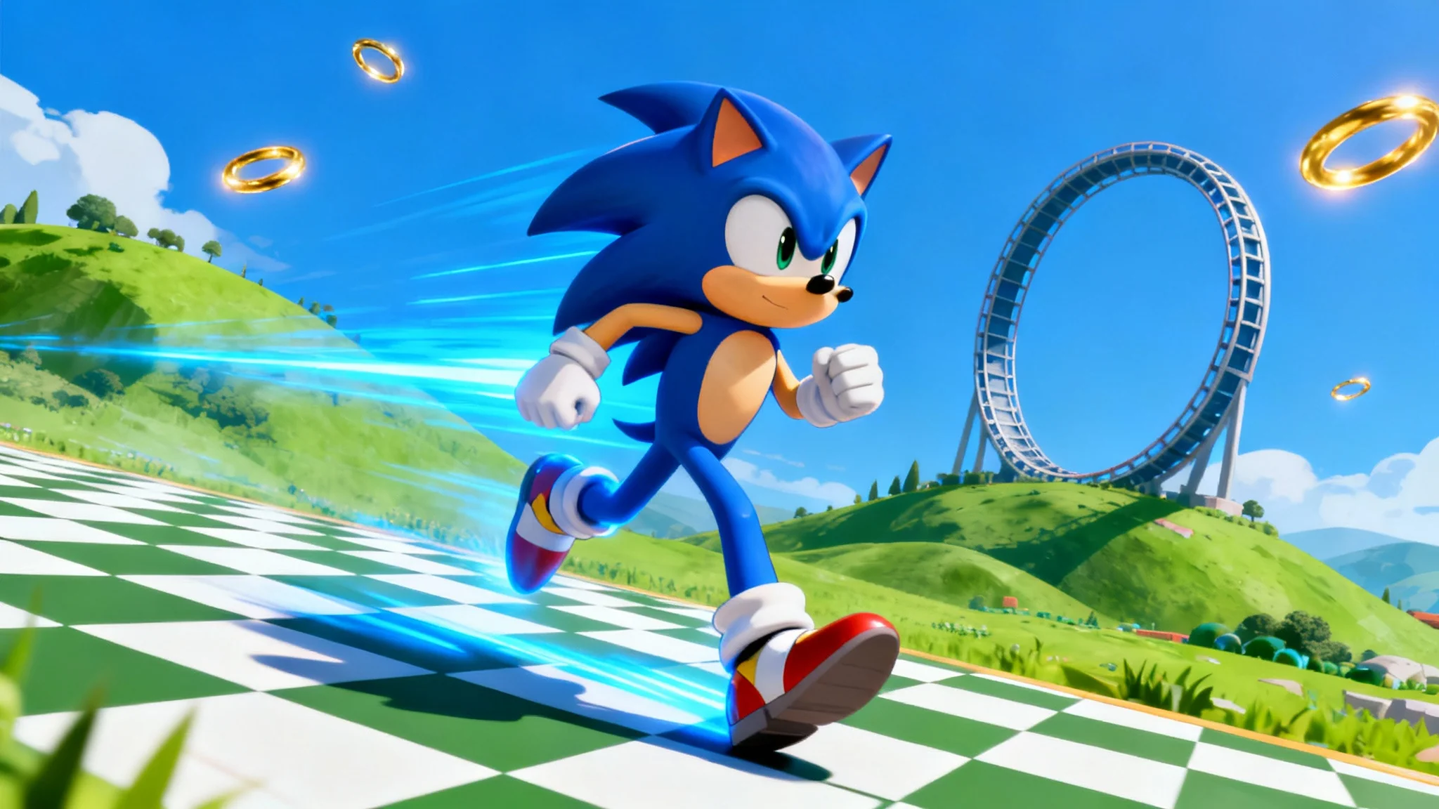 A dynamic digital wallpaper of Sonic the Hedgehog sprinting at high speed through a stylized version of the Green Hill Zone, with golden rings in the air.