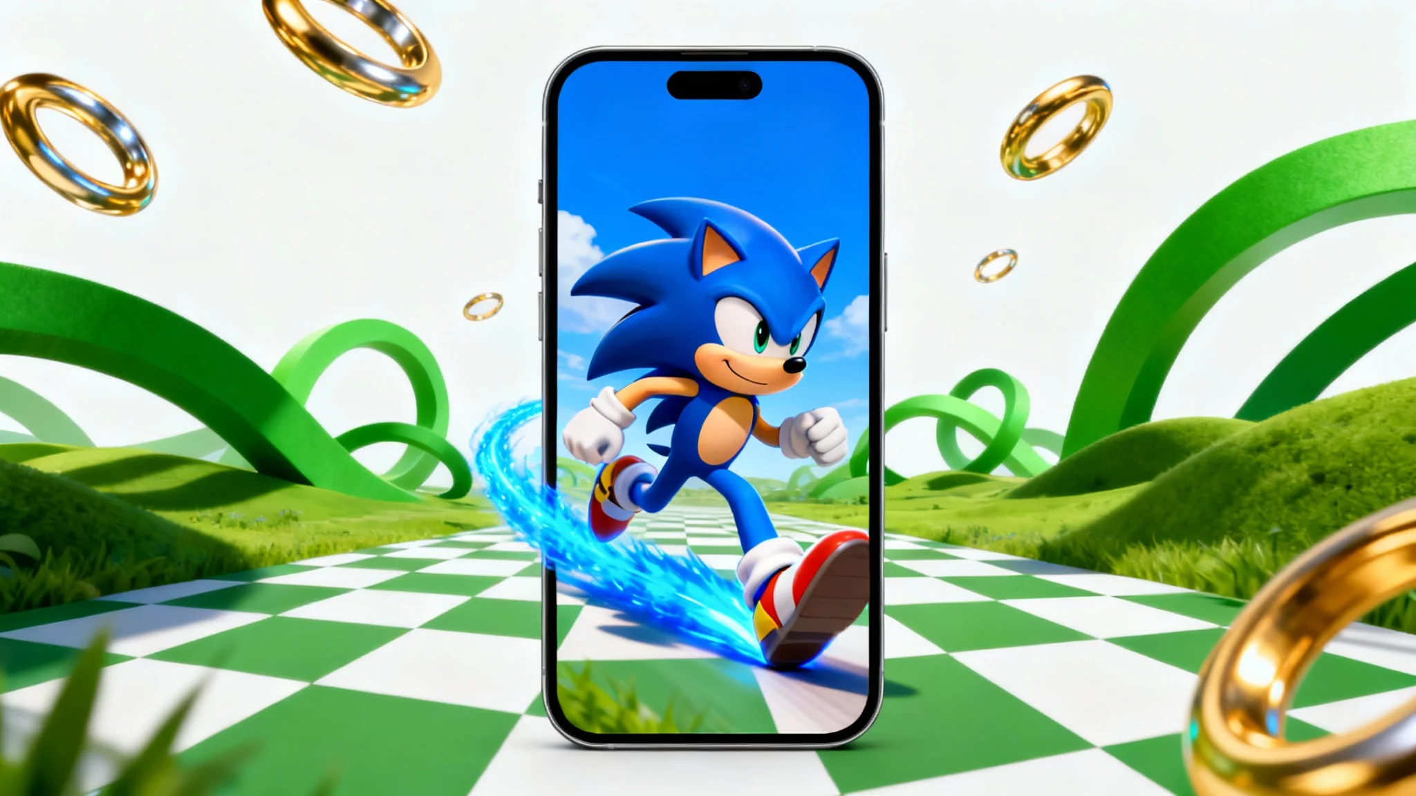 A phone wallpaper mockup showing Sonic the Hedgehog running at high speed through a stylized Green Hill Zone, with golden rings floating around.