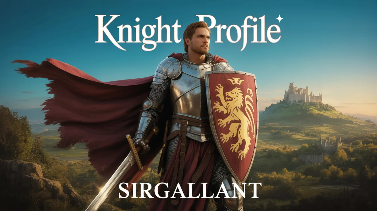 A final character design of a knight in full plate armor, holding a sword and shield, standing in a medieval landscape. The image includes the text 'Knight Profile' and the username 'SirGallant' as part of the design.