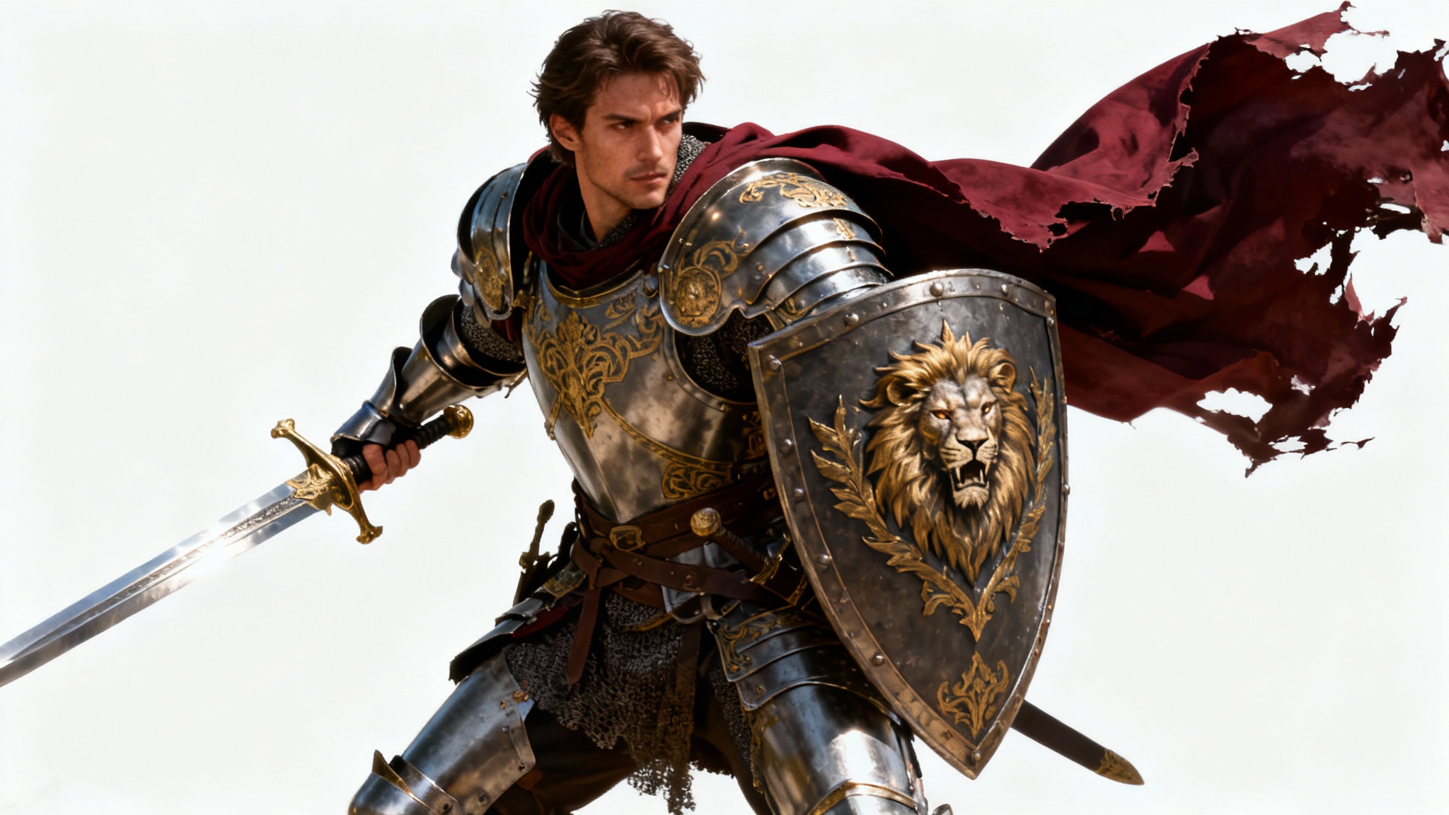 A hyper-realistic concept art of a knight in full, ornate steel armor with a red cape, holding a sword and a shield with a lion crest, set against a plain white background.
