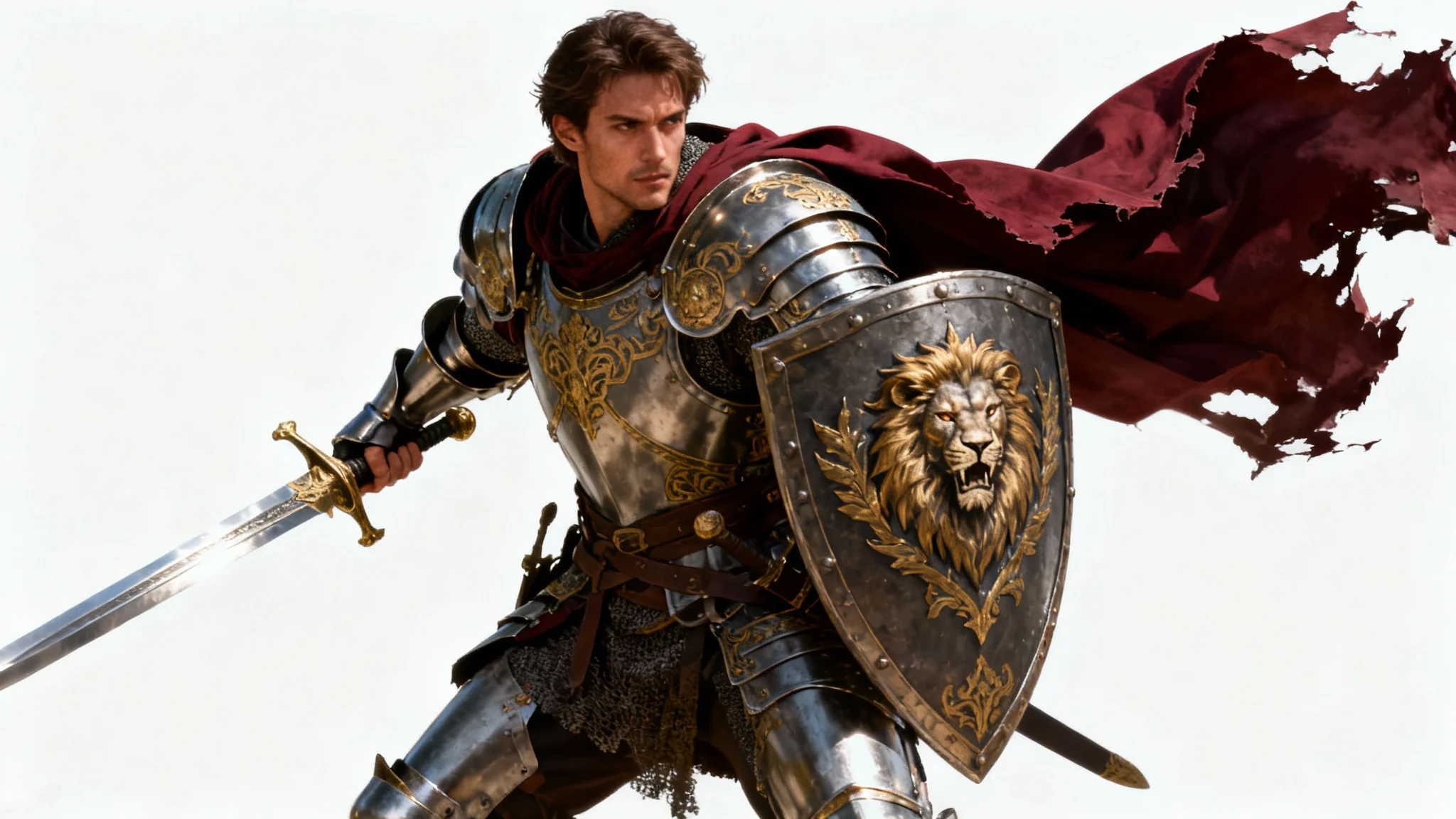 A hyper-realistic concept art of a knight in full, ornate steel armor with a red cape, holding a sword and a shield with a lion crest, set against a plain white background.