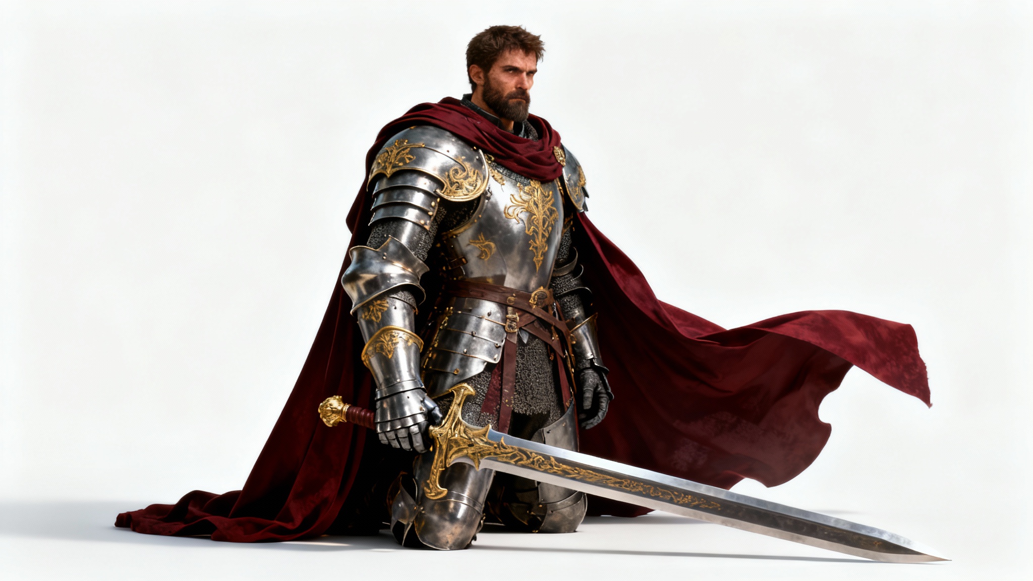 A photorealistic concept art of a knight in full, ornate steel armor with a red cape, holding a large broadsword and standing against a solid white background.