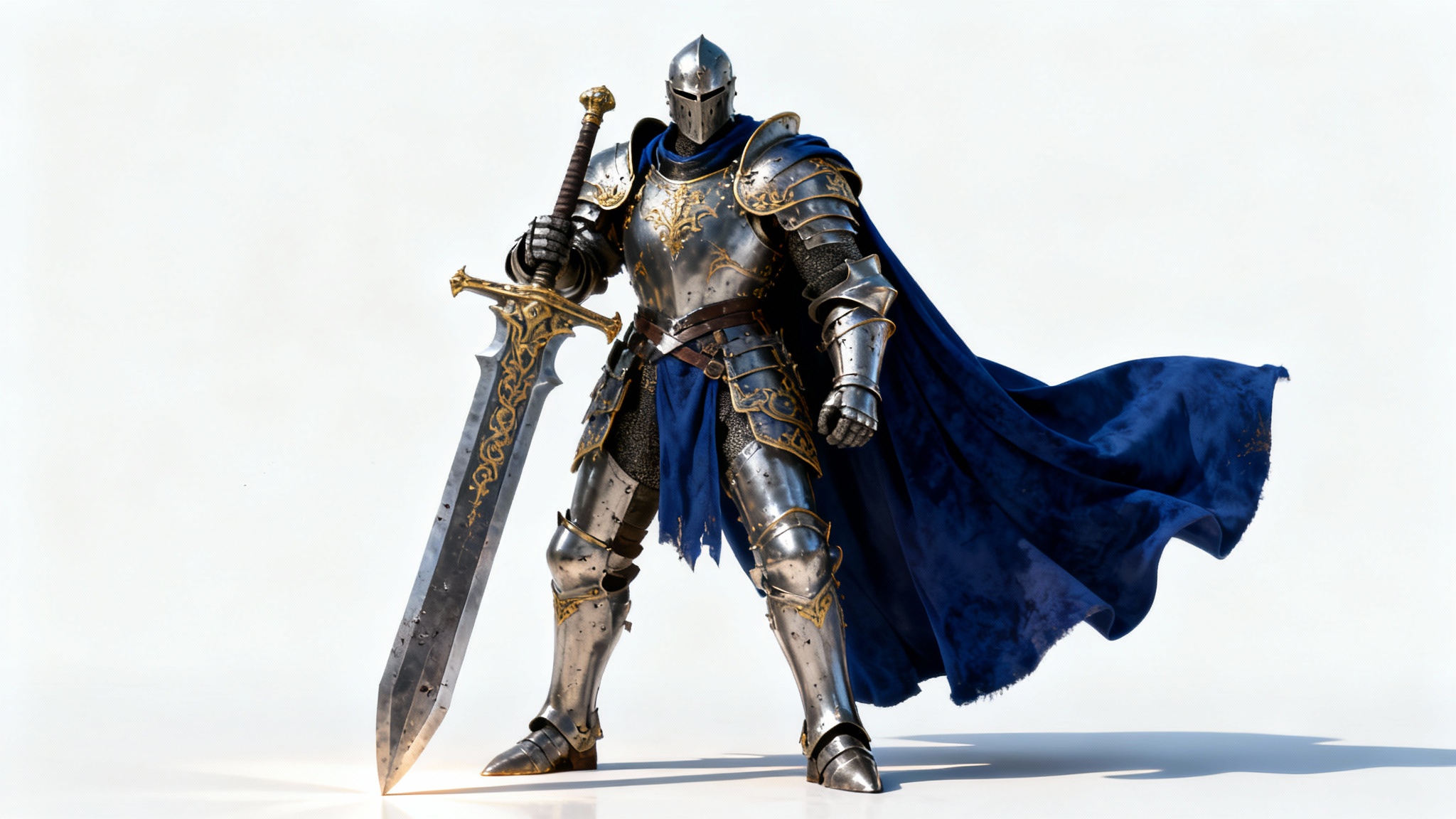 A full-body digital painting of a heroic fantasy knight in ornate steel armor with a blue cape, holding a greatsword against a solid white background.