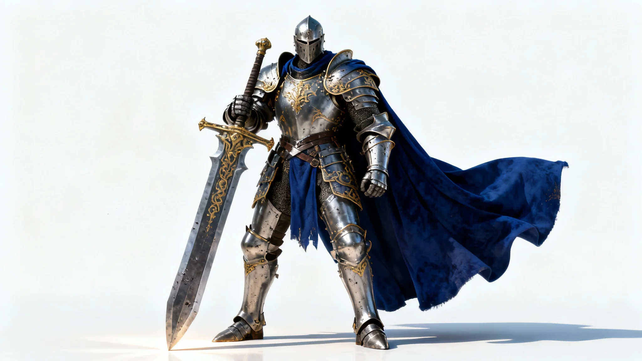 A full-body digital painting of a heroic fantasy knight in ornate steel armor with a blue cape, holding a greatsword against a solid white background.