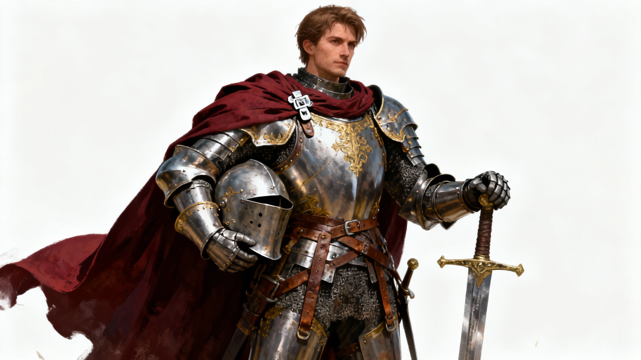 A full-body digital painting of a heroic knight in detailed steel and gold armor, holding a helmet and resting a hand on a greatsword against a plain white background.