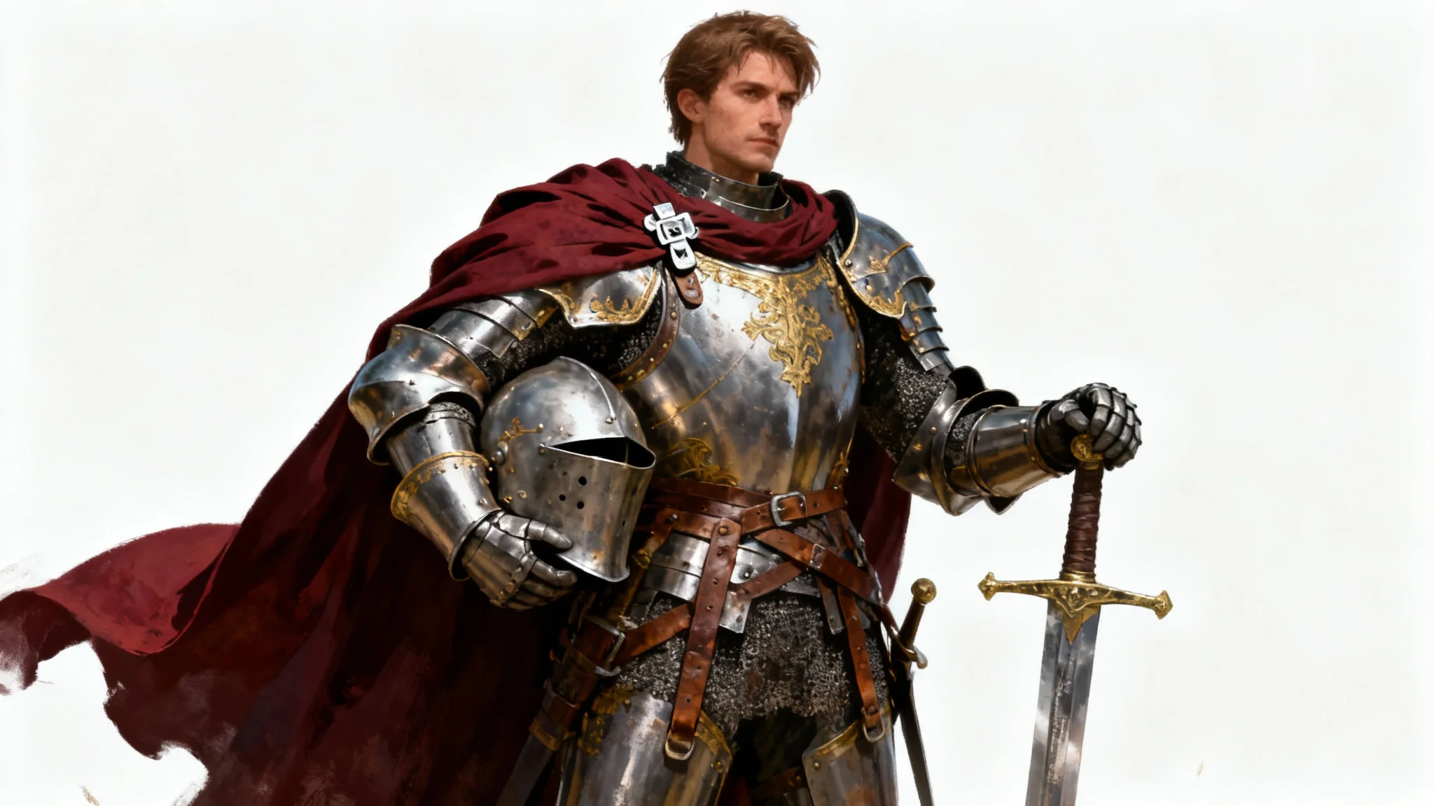 A full-body digital painting of a heroic knight in detailed steel and gold armor, holding a helmet and resting a hand on a greatsword against a plain white background.