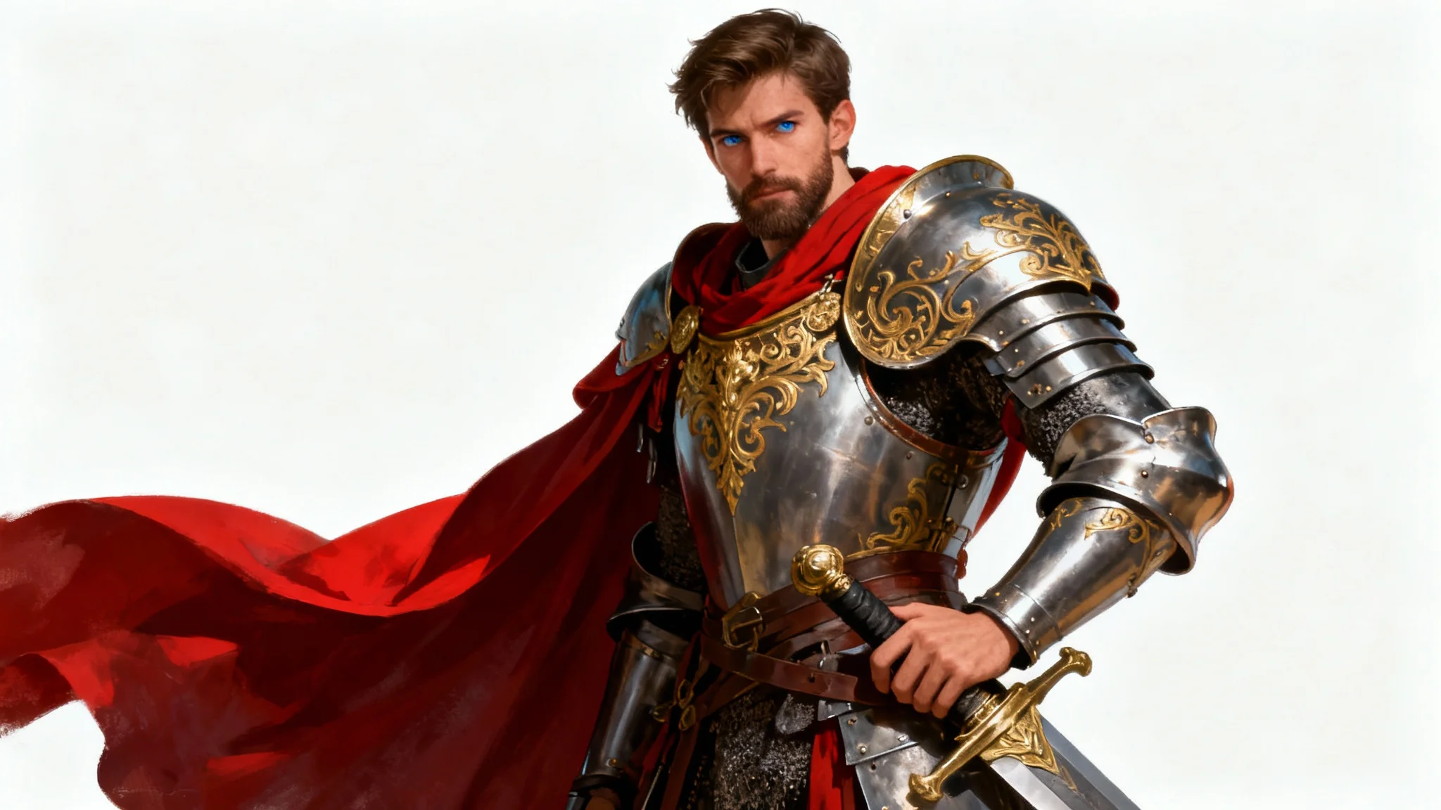 A hyper-realistic digital painting of a heroic knight in ornate steel armor with a crimson cape, posing powerfully against a clean white background.