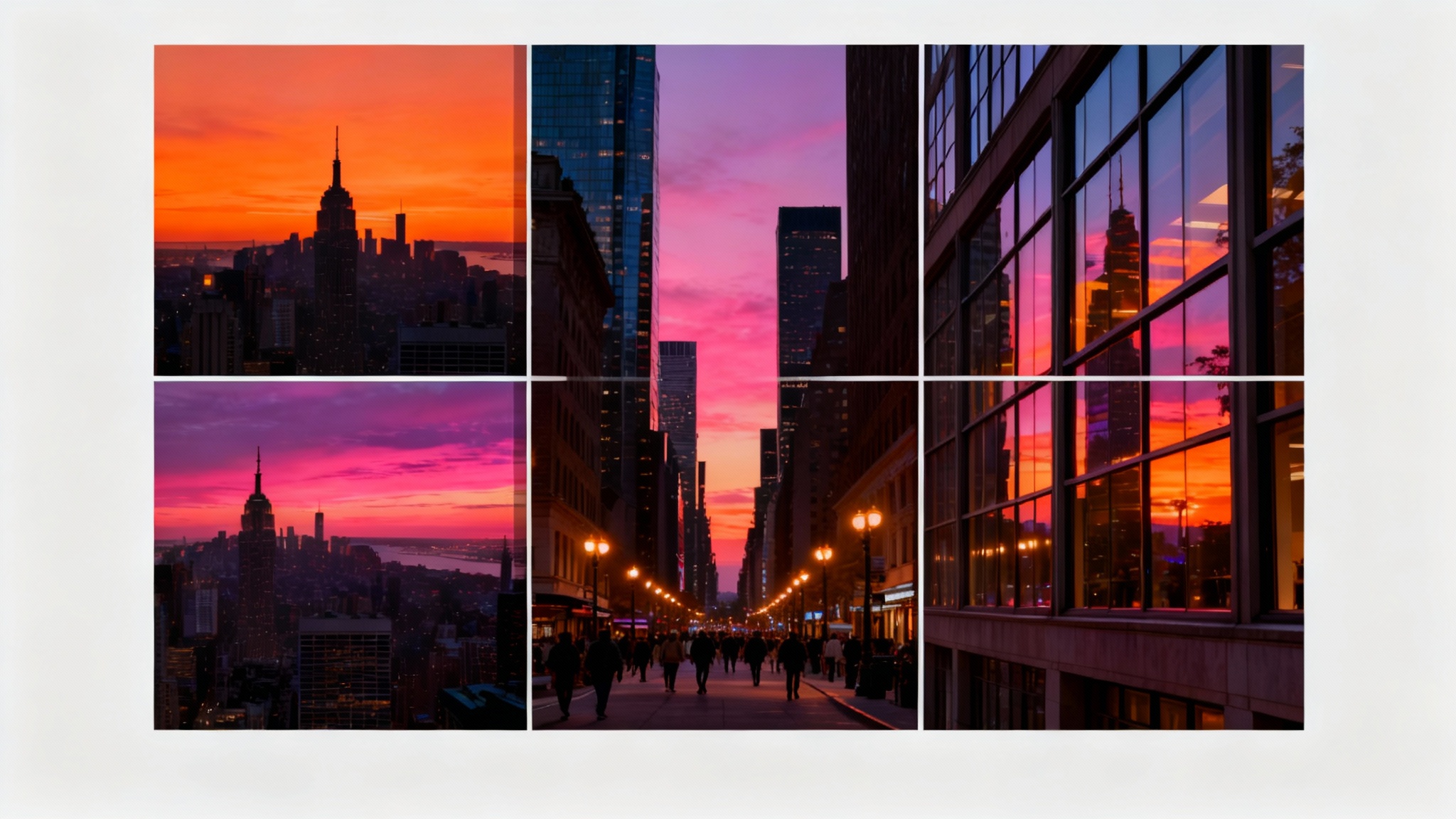 A single, large photograph of a vibrant cityscape at sunset, split perfectly into a 3x3 grid of nine smaller square images separated by thin white lines.