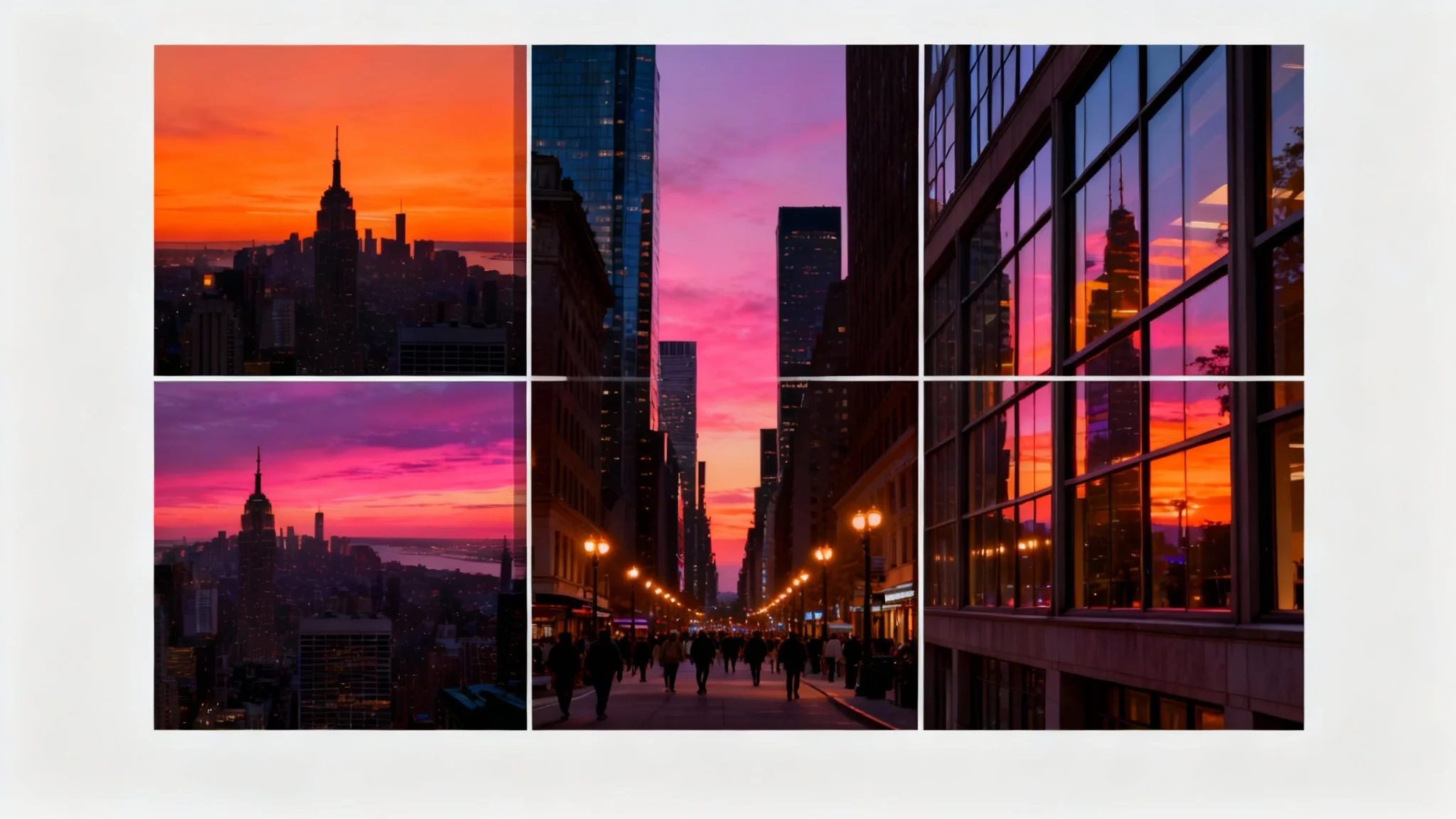 A single, large photograph of a vibrant cityscape at sunset, split perfectly into a 3x3 grid of nine smaller square images separated by thin white lines.