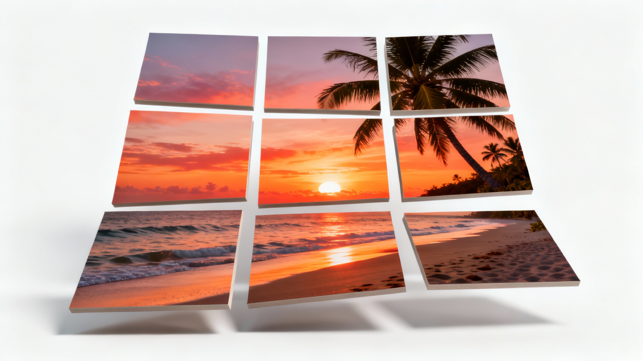 A single image of a tropical beach at sunset, split into a 3x3 grid with the pieces slightly separated and floating over a plain white background.