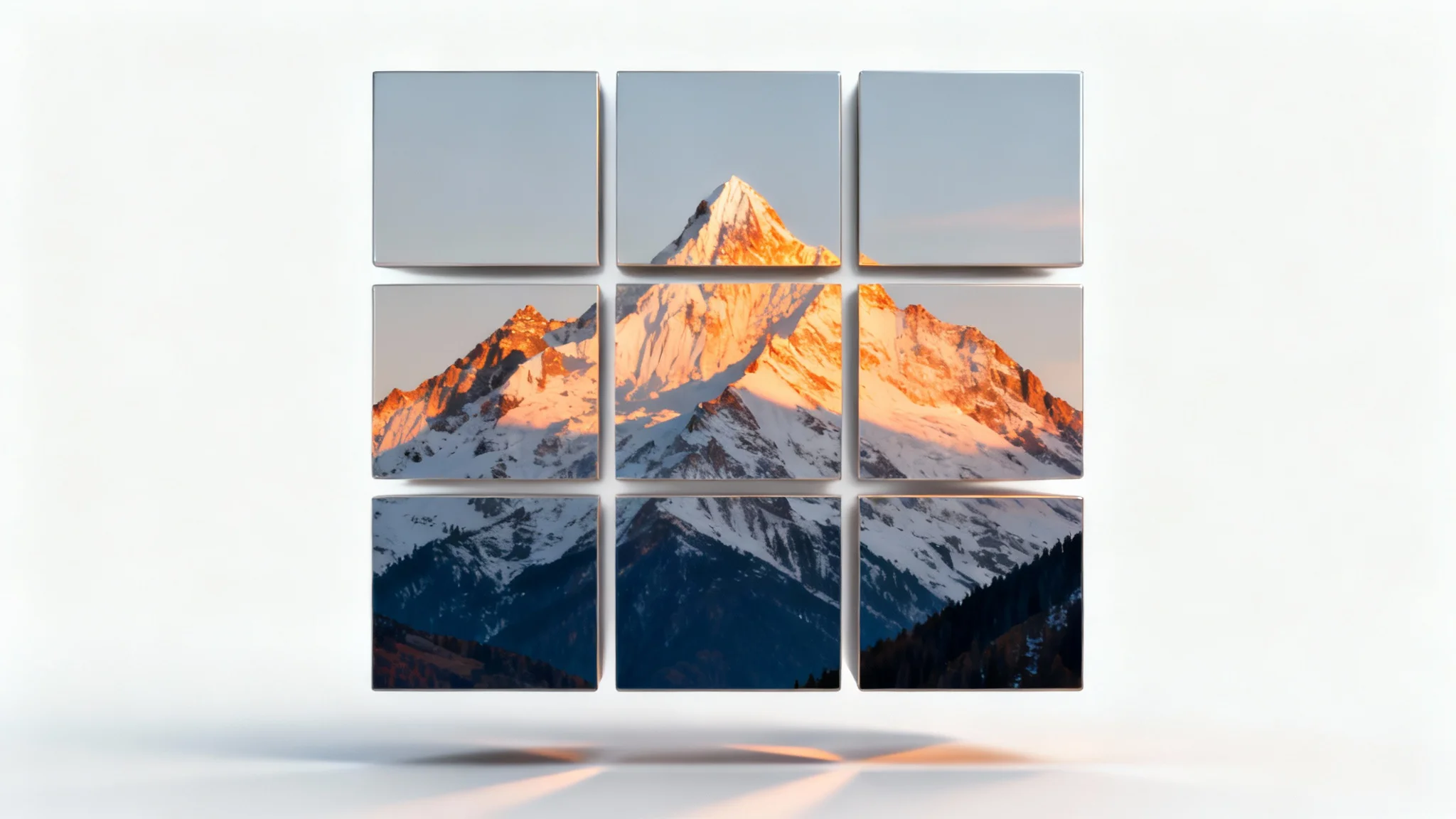 A photorealistic image of a mountain at sunrise, split into a 3x3 grid. The nine square sections of the photo are floating apart from each other against a clean white background, but still form the complete picture.