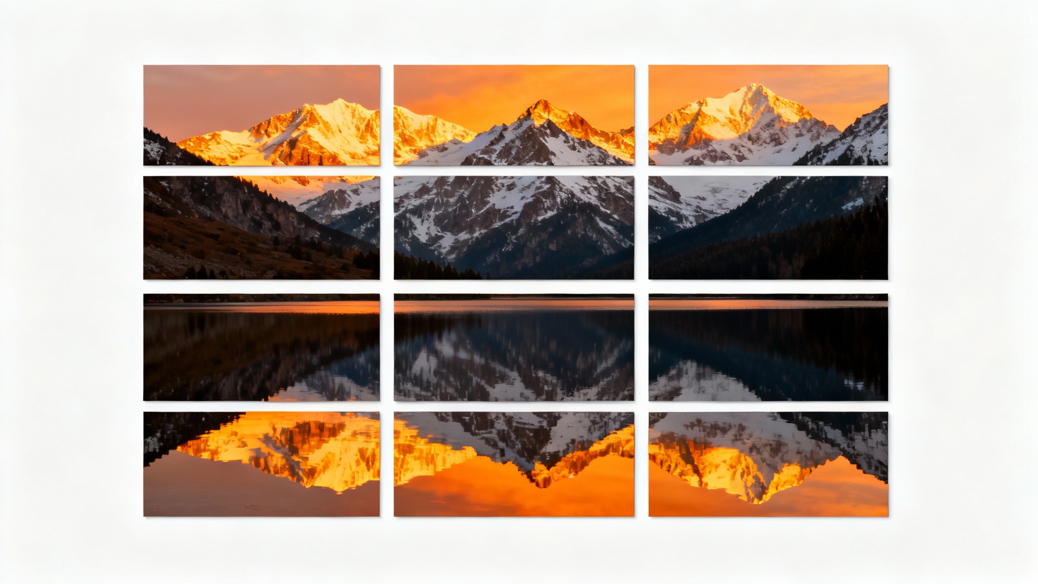 A photorealistic image of a mountain landscape at sunset, deconstructed into a 3x3 grid of separate tiles against a white background.