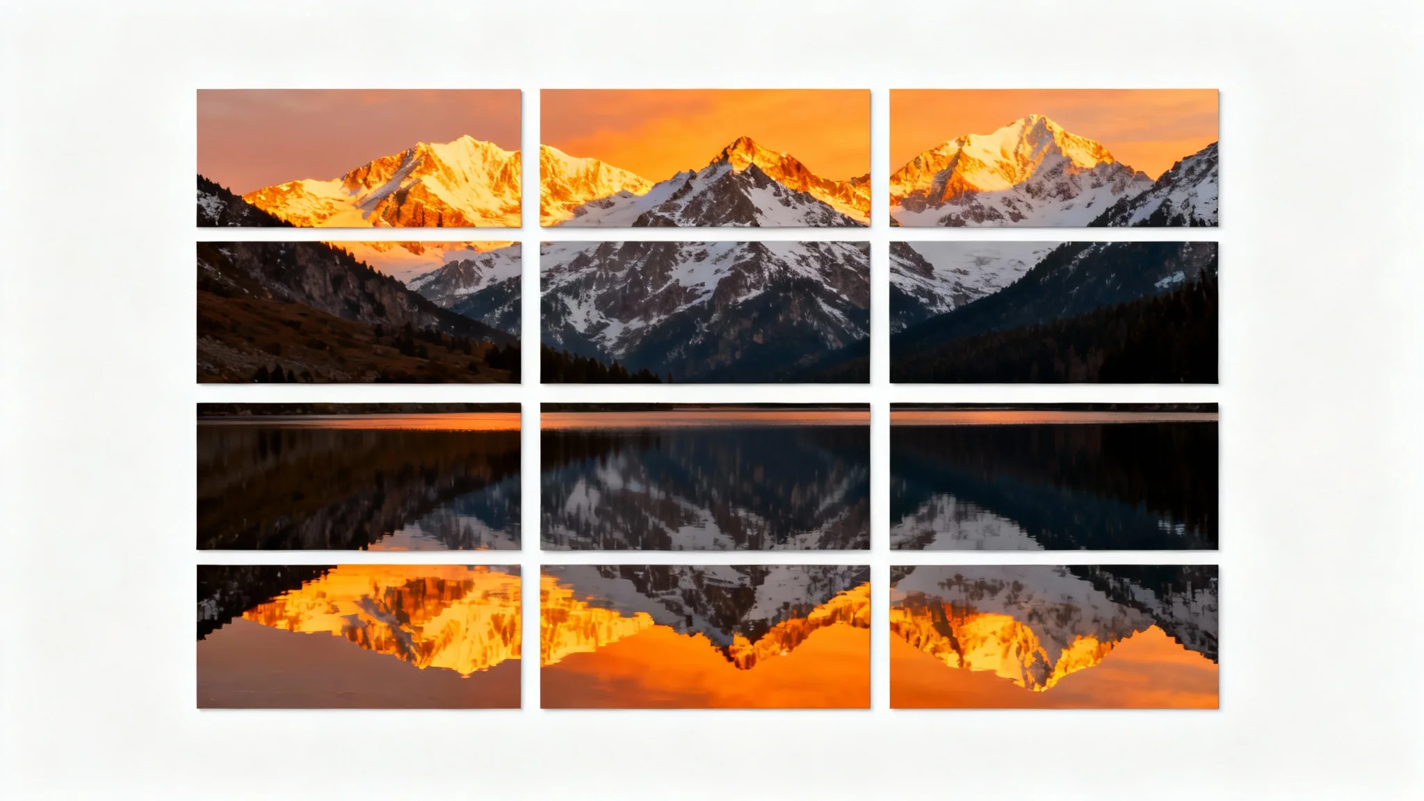 A photorealistic image of a mountain landscape at sunset, deconstructed into a 3x3 grid of separate tiles against a white background.