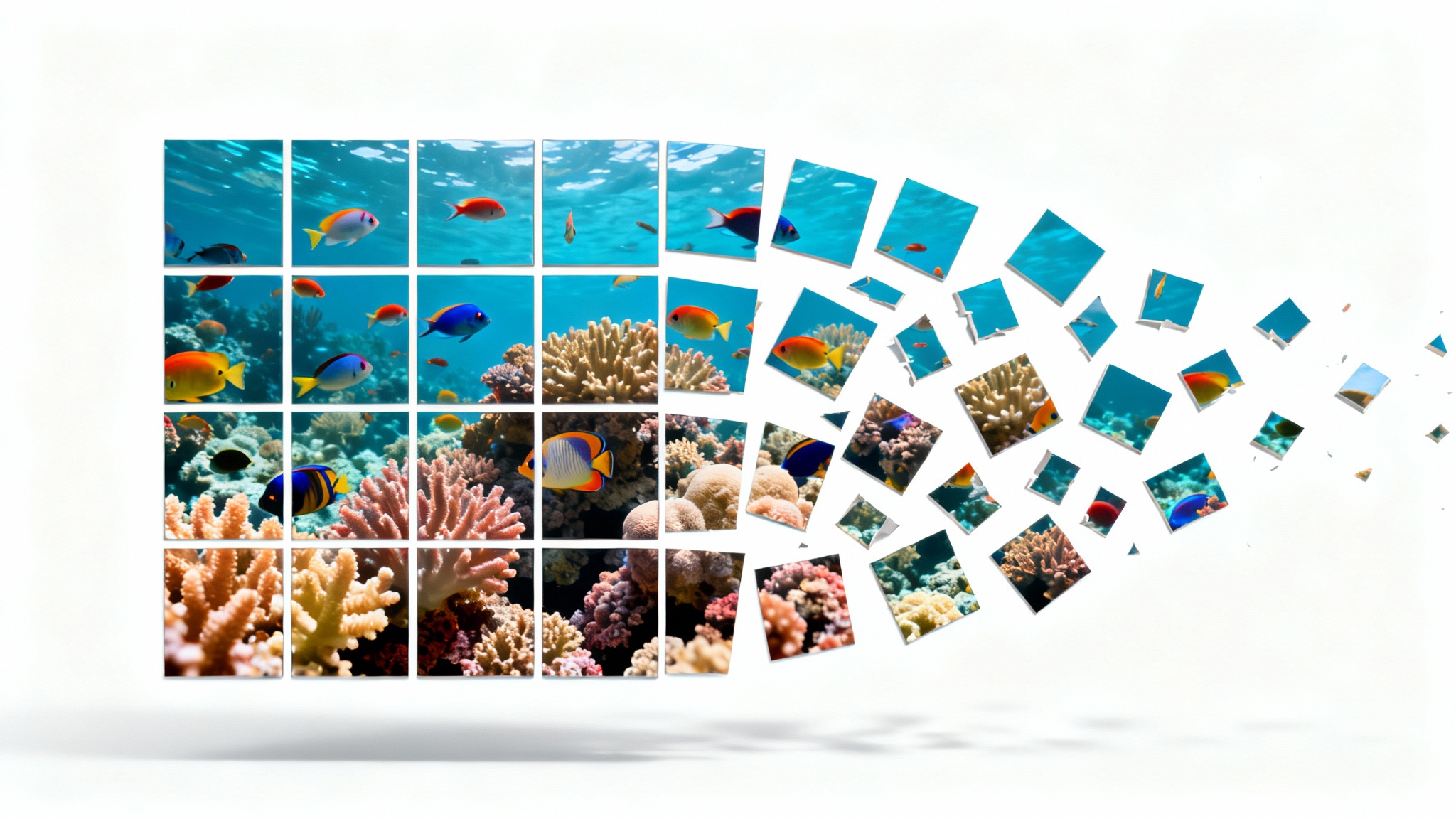 A photorealistic image of a colorful coral reef is shown being split into a 4x4 grid of smaller square images against a plain white background, illustrating the concept of splitting an image.