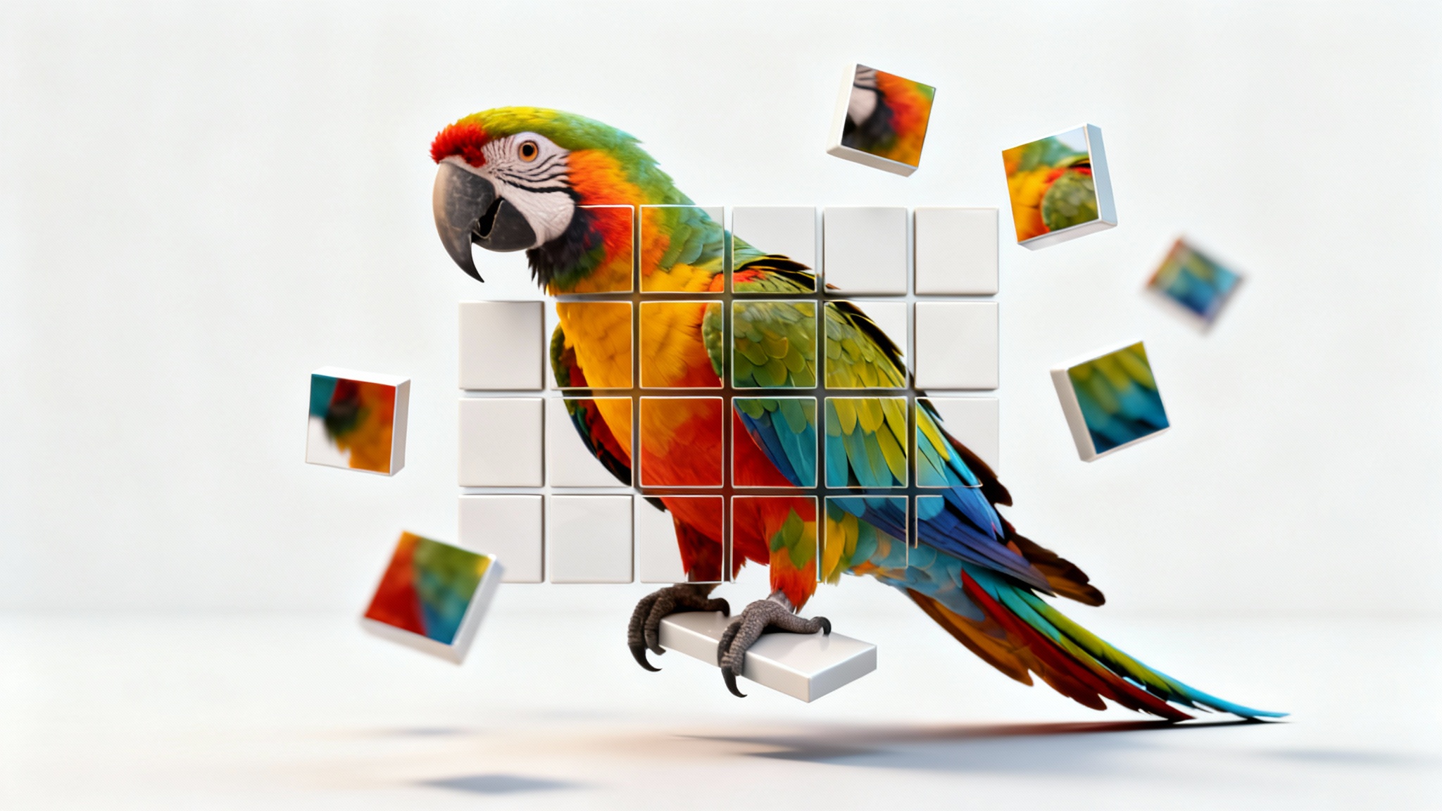 A conceptual image of a colorful macaw parrot photograph split into a 4x4 grid of floating square tiles against a clean white background, illustrating the concept of splitting an image into a grid.
