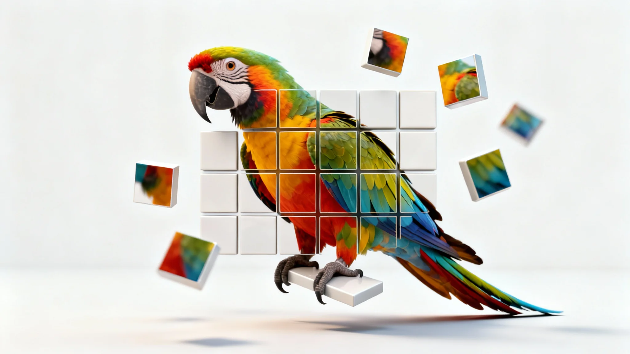 A conceptual image of a colorful macaw parrot photograph split into a 4x4 grid of floating square tiles against a clean white background, illustrating the concept of splitting an image into a grid.