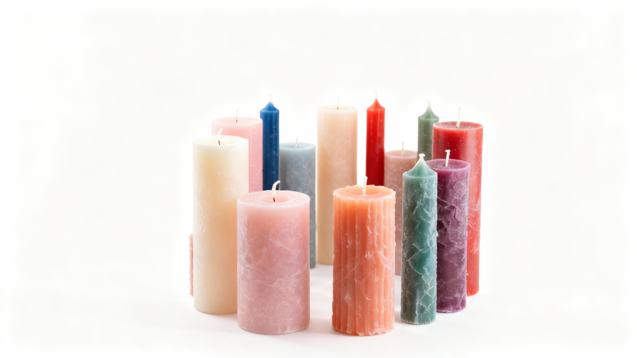 A high-end, AI-generated product photograph of artisanal candles arranged on a clean white background, showcasing perfect studio lighting and soft shadows.