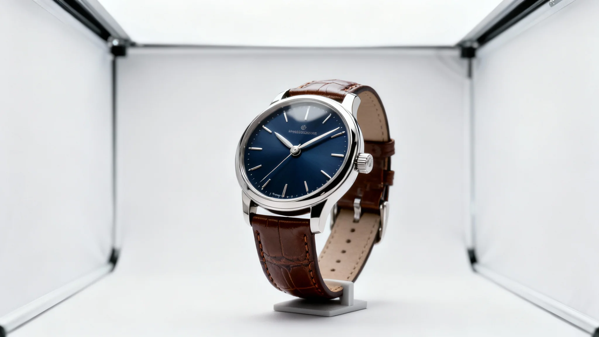 A hyper-realistic product photograph of a luxury wristwatch with a navy blue face and brown leather strap, professionally lit against a seamless white background in a lightbox.