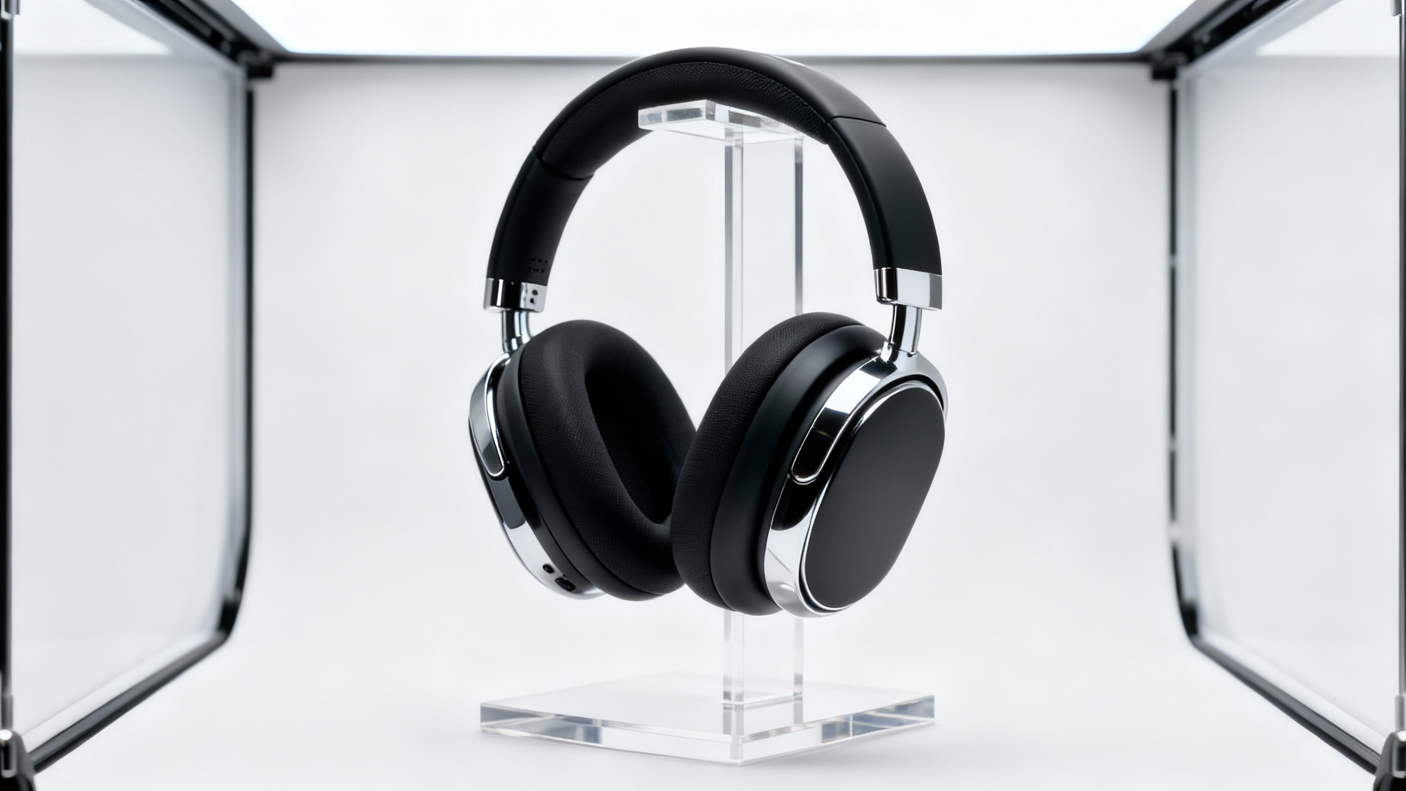 A pair of modern black wireless headphones professionally photographed in a bright white lightbox, resulting in a clean, shadowless, high-quality product image.