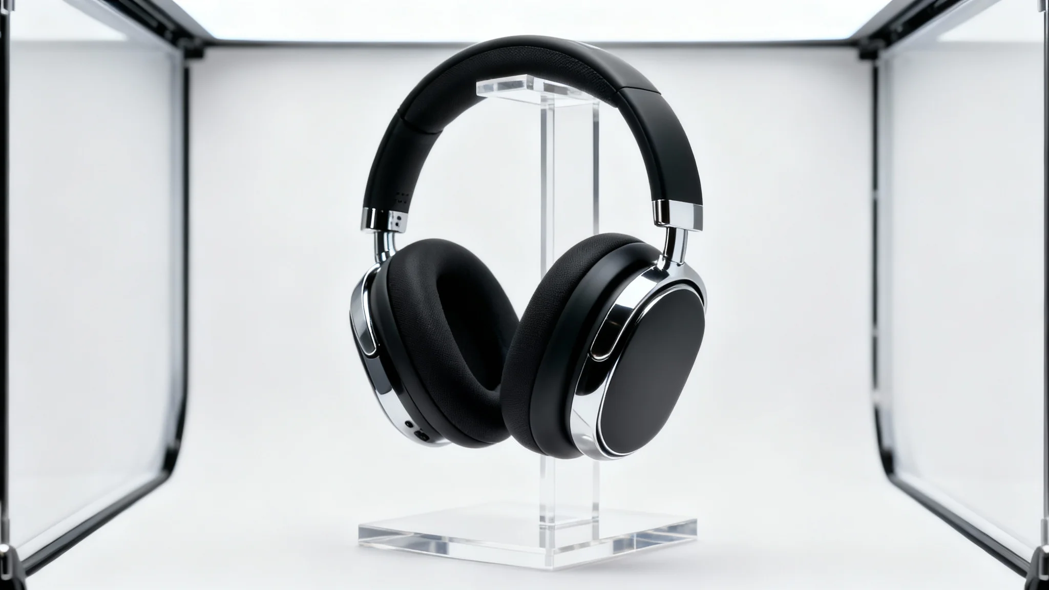 A pair of modern black wireless headphones professionally photographed in a bright white lightbox, resulting in a clean, shadowless, high-quality product image.