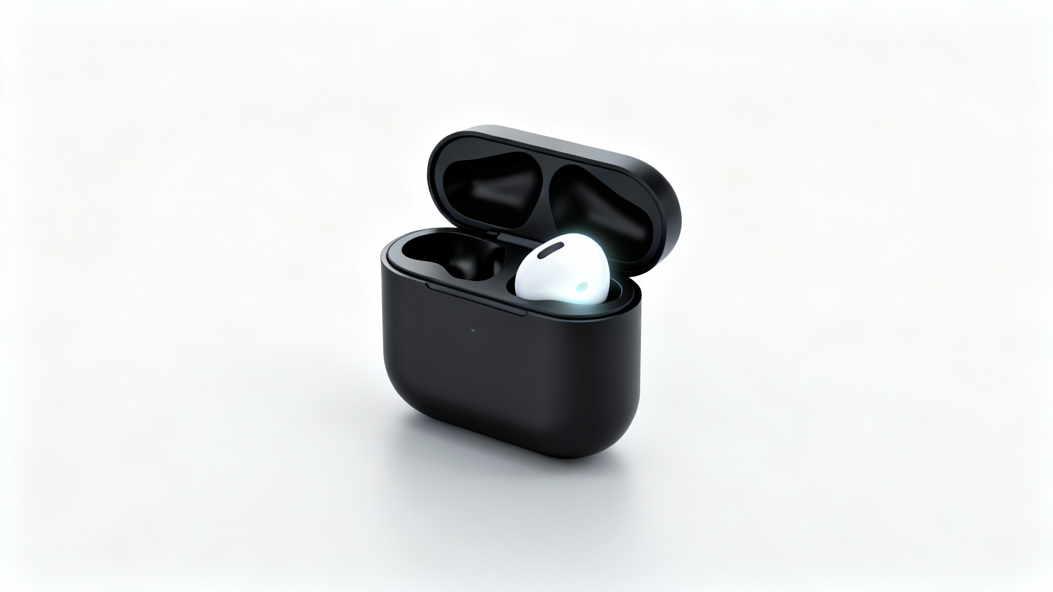 A professional product photograph of a modern wireless earphone case in a white lightbox, showcasing a clean, shadowless look.